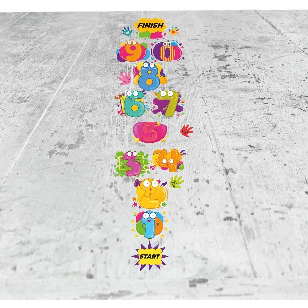 CVANU Hopscotch Game Stickers Number Jumping Grid Game Colourful Hands Funny Face Design Floor Decals PVC Vinyl for Children Living Room, Home and Play School, Multicolour, Size (26.5x88) inch