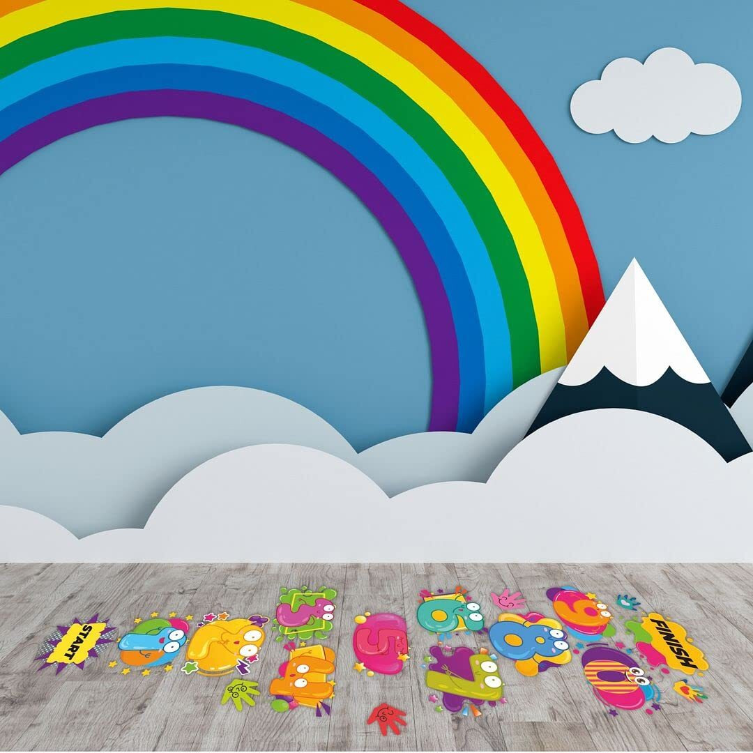 CVANU Hopscotch Game Stickers Number Jumping Grid Game Colourful Hands Funny Face Design Floor Decals PVC Vinyl for Children Living Room, Home and Play School, Multicolour, Size (26.5x88) inch