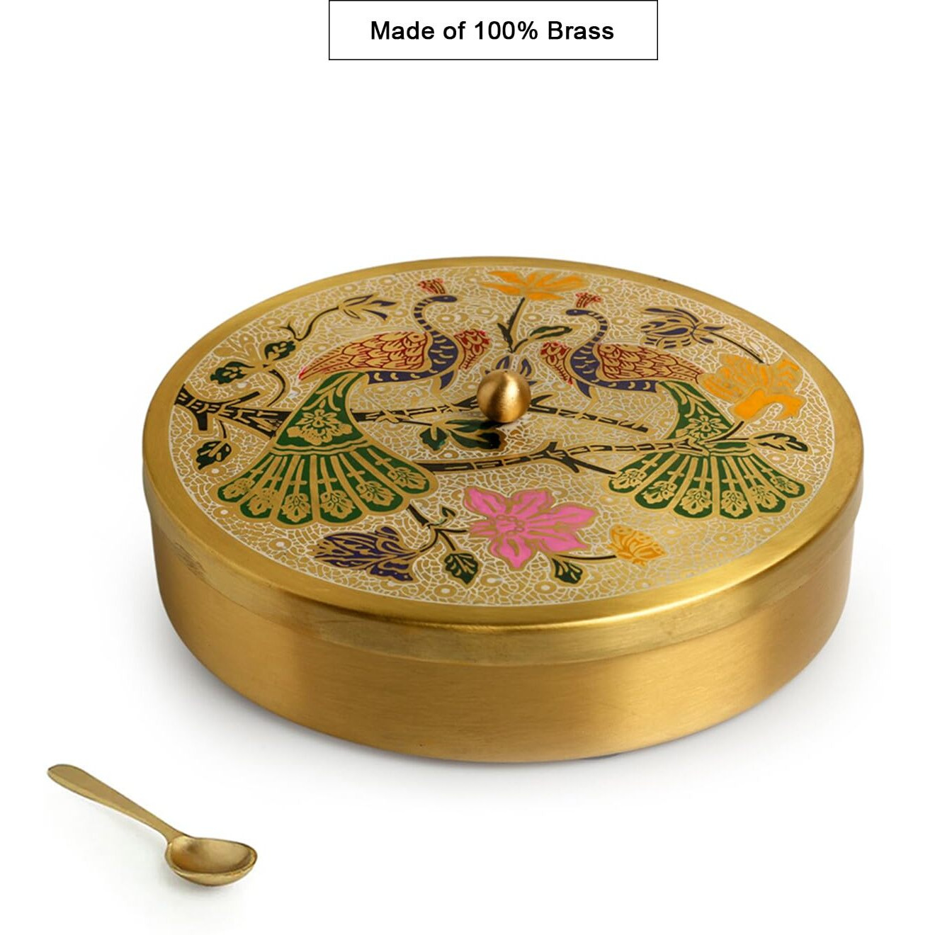 ExclusiveLane 'Peacock Hand-Etched' Brass Masala Box For Kitchen Spice Box With Spoon (Brass, 7 Containers, 110 ML) | Handpainted Masala Dani Spice Containers Brass Spice Box For Kitchen