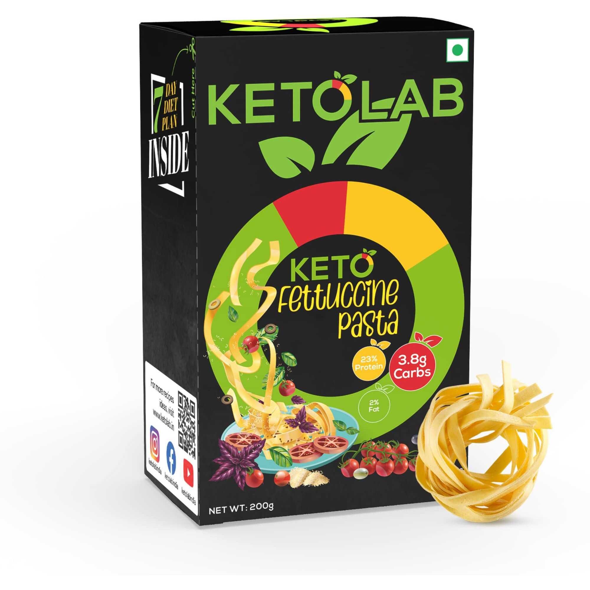 Ketolab Keto Fettucine Pasta (Flat noodles), 200 Gms x Pack of 2, 3.5g Net Carb & 16g High Protein/Serving, Identical to Regular Pasta, Ultra Low Carb, Pre-Biotic High Fibre, For Keto Diet and Weight Loss