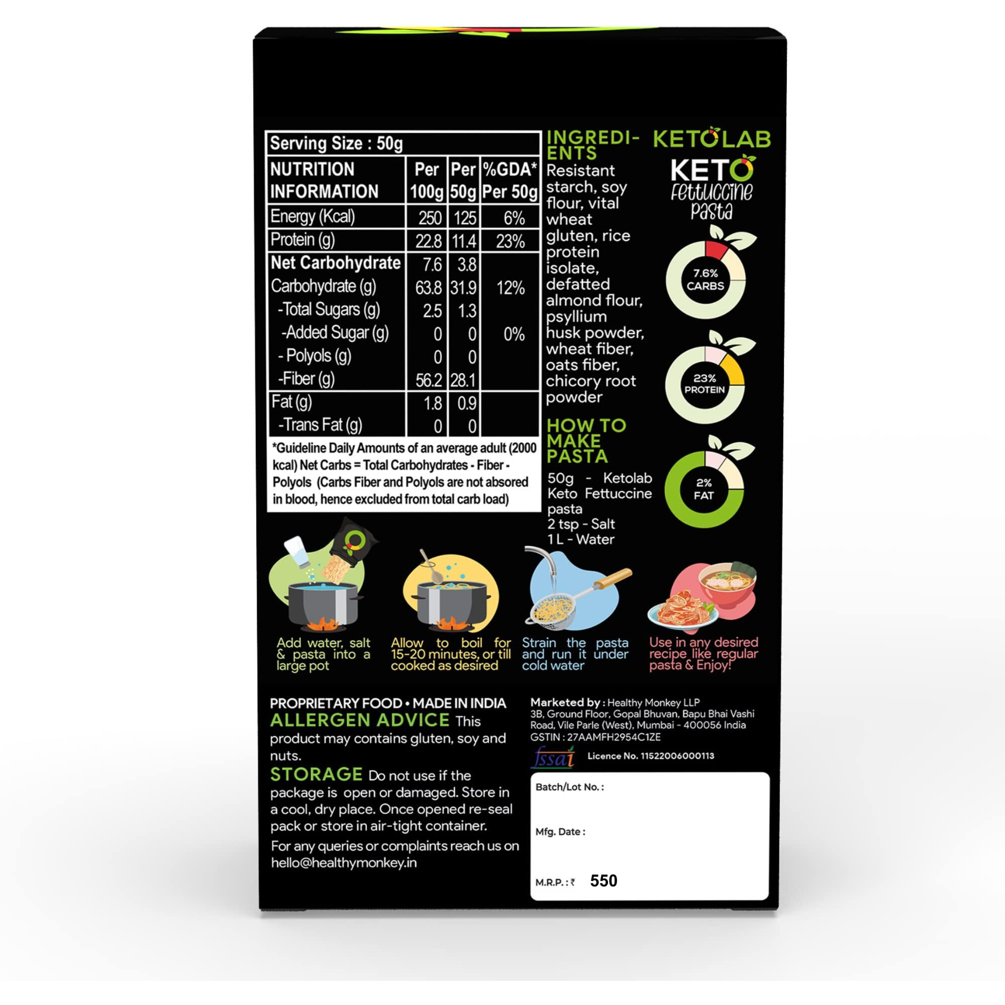 Ketolab Keto Fettucine Pasta (Flat noodles), 200 Gms x Pack of 2, 3.5g Net Carb & 16g High Protein/Serving, Identical to Regular Pasta, Ultra Low Carb, Pre-Biotic High Fibre, For Keto Diet and Weight Loss