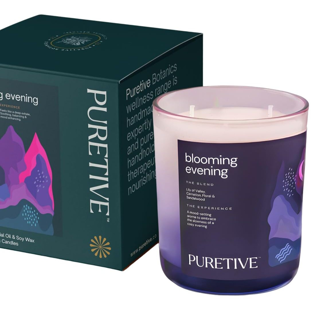 Puretive Scented Candle, Blooming Evenings Scented Plant Therapy Candle | Rose, Lily of Valley & Sandalwood, 100% Soy Wax & Essential Oil, Upto 35 hrs Burn time, for Home Decoration, Diwali