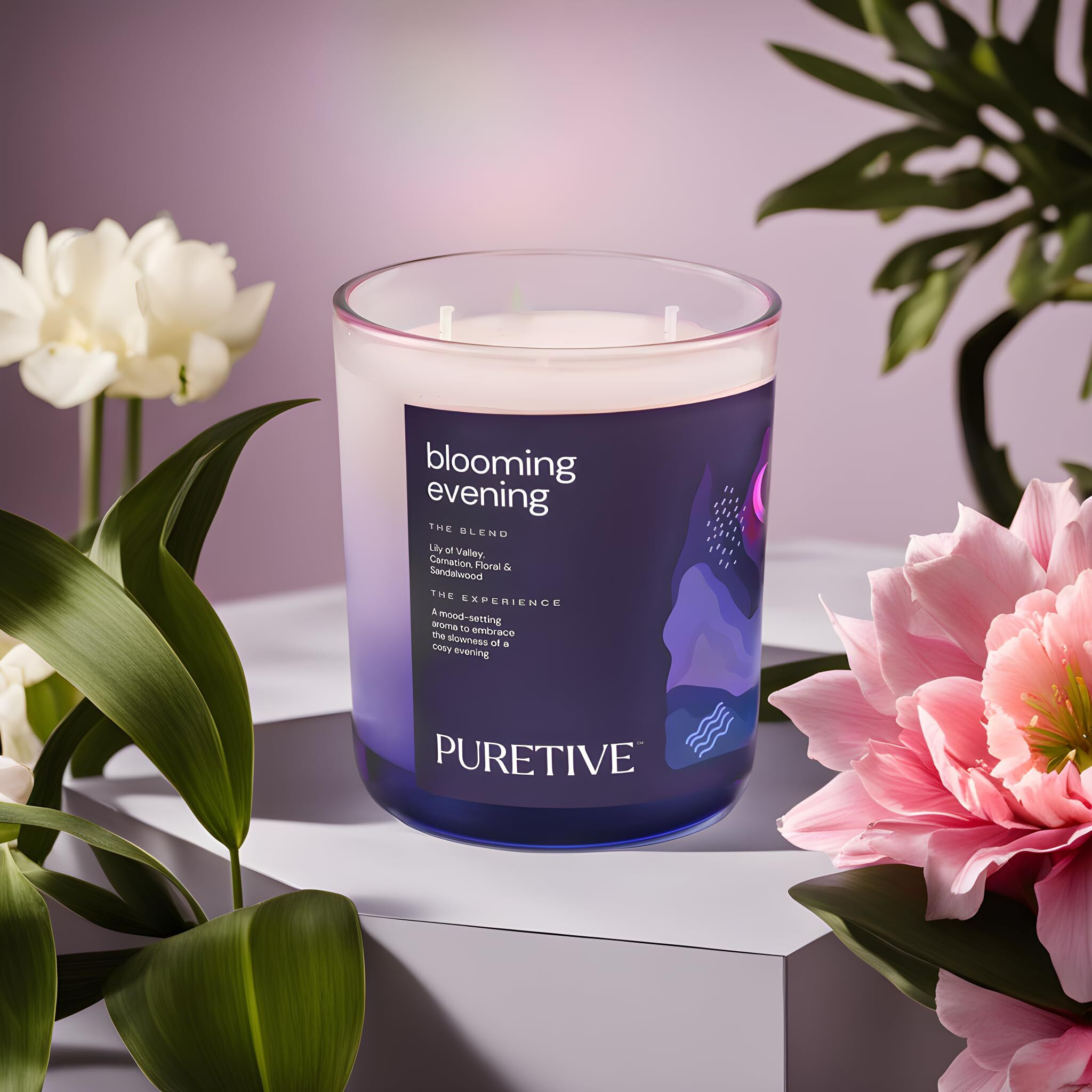 Puretive Scented Candle, Blooming Evenings Scented Plant Therapy Candle | Rose, Lily of Valley & Sandalwood, 100% Soy Wax & Essential Oil, Upto 35 hrs Burn time, for Home Decoration, Diwali