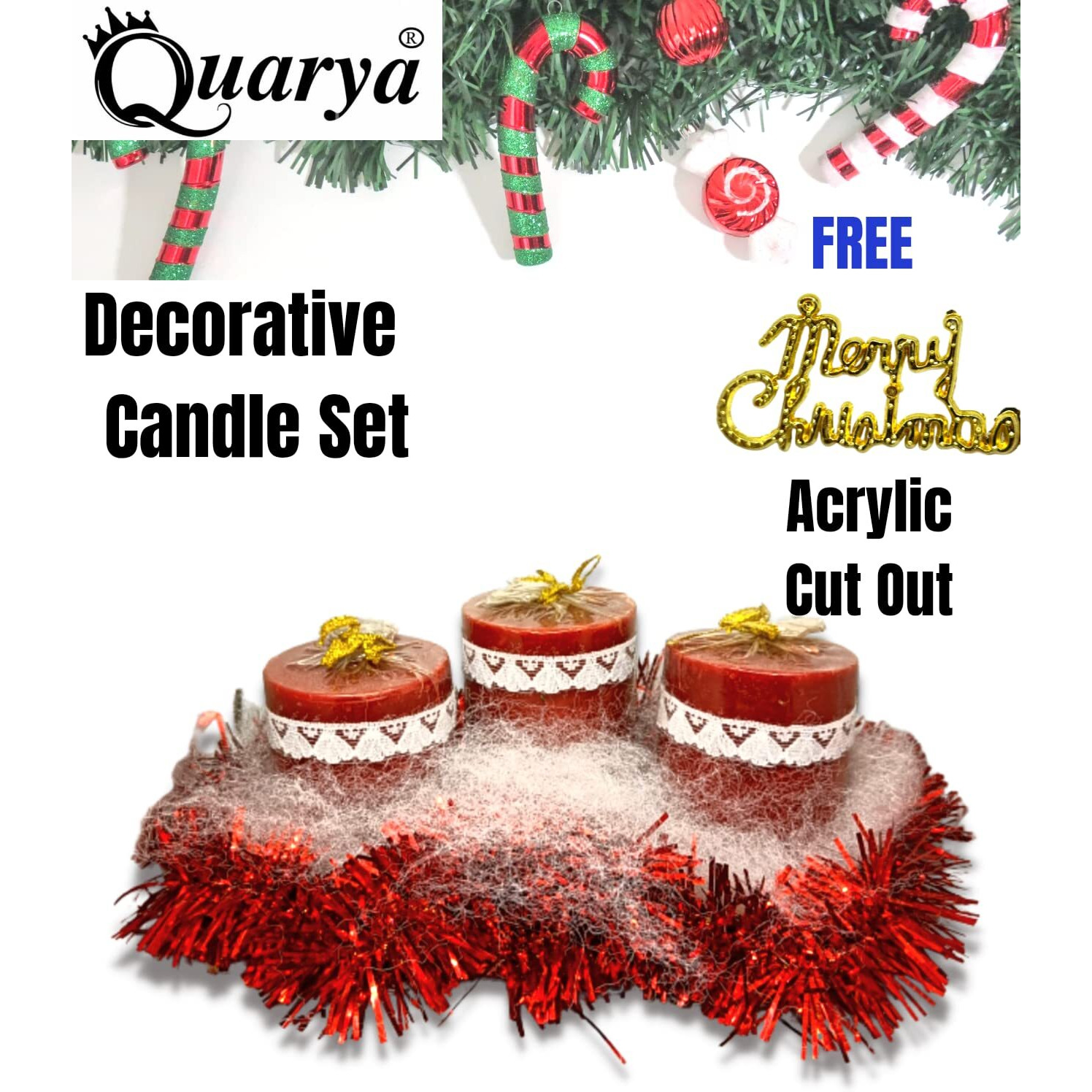 Quarya Decorative Candles Red Wax Pillar Design Round Candles Set with Decoration Items for Xmas Santa Candles for Home Office Decoration - 1 Set of 3 Candles Plus 1 Merry Christmas Acrylic Cut Out