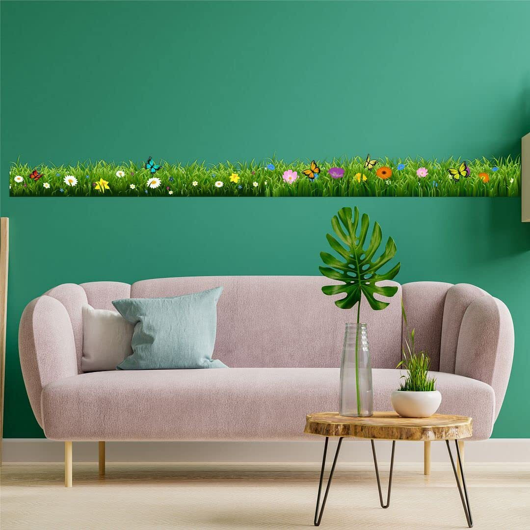 CVANU Wonderful Spring Flower Wall/Border Sticker Colourful Butterfly Spring Flowers PVC Transparent Vinyl for Home Decoration Size (270x24.5) cm_Multicolour