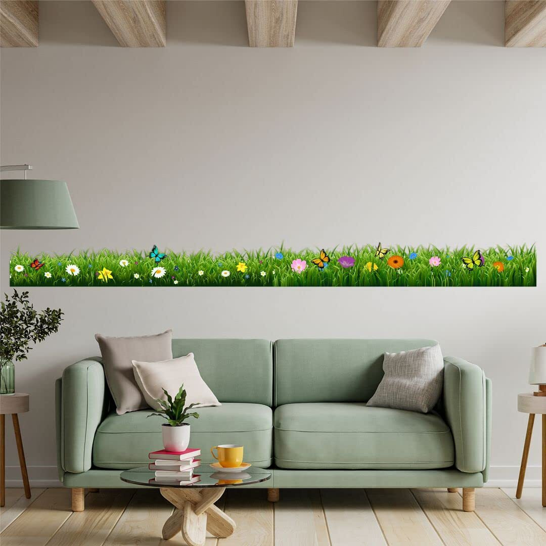 CVANU Wonderful Spring Flower Wall/Border Sticker Colourful Butterfly Spring Flowers PVC Transparent Vinyl for Home Decoration Size (270x24.5) cm_Multicolour