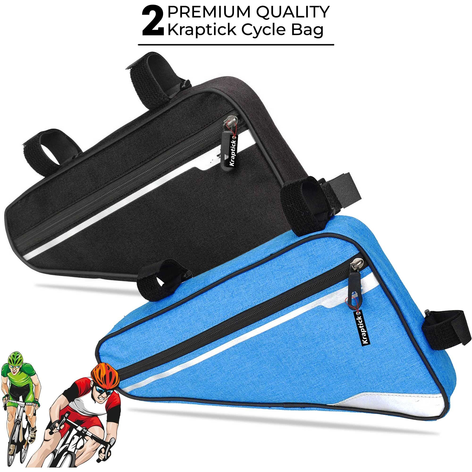 Kraptick Triangle Bike Bag [Waterproof]- Big Triangle Frame Bag for Bicycle, Cycle Accessories - Bike Pouch, Bike Bags with Reflective Straps and Plenty of Storage (Combo of - Black & Blue)