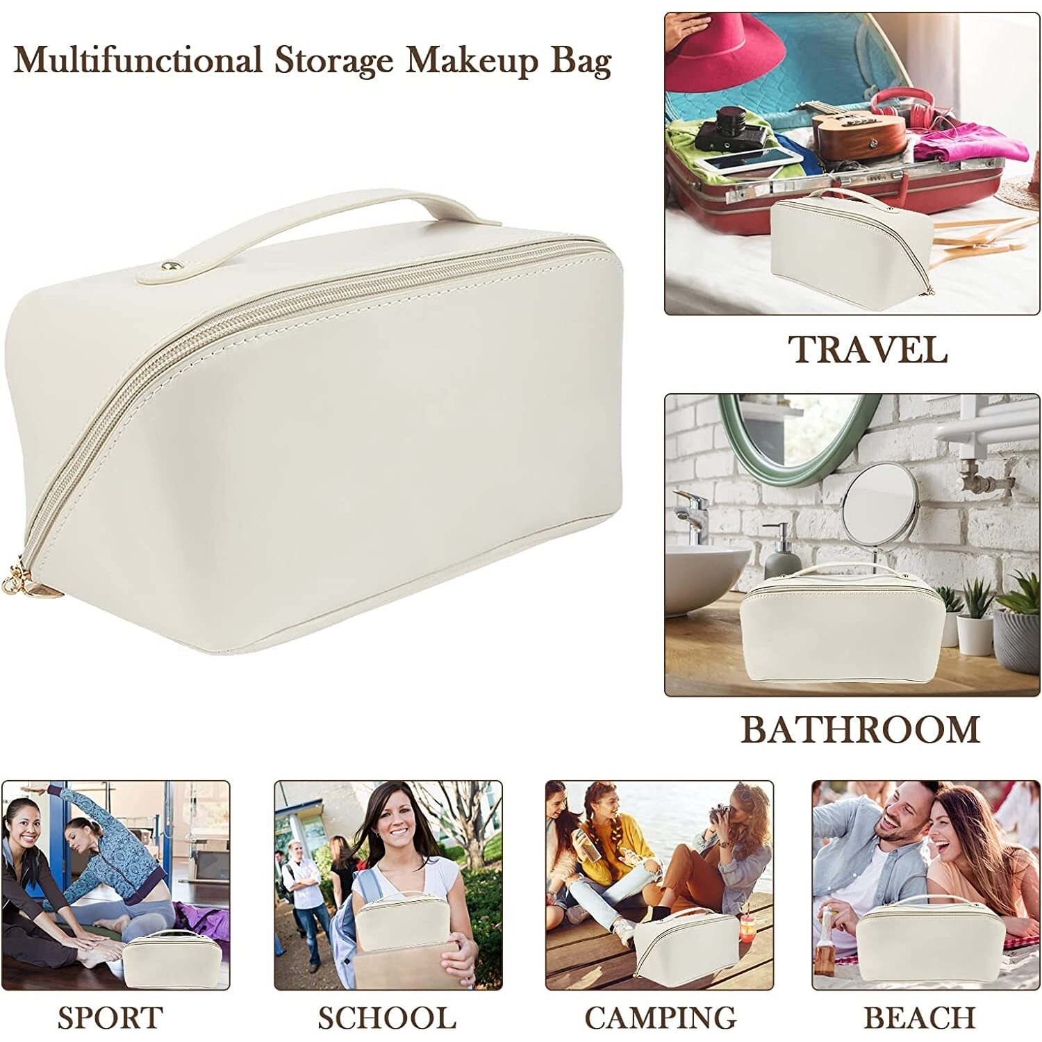 XIVUMN Large Capacity Travel Cosmetic Bag, Leather Makeup Bag with Handle and Divider, Waterproof Cosmetic Bag, Portable Leather Toiletry Bag, Roomy Cosmetic Bag for Women & Girls(White)