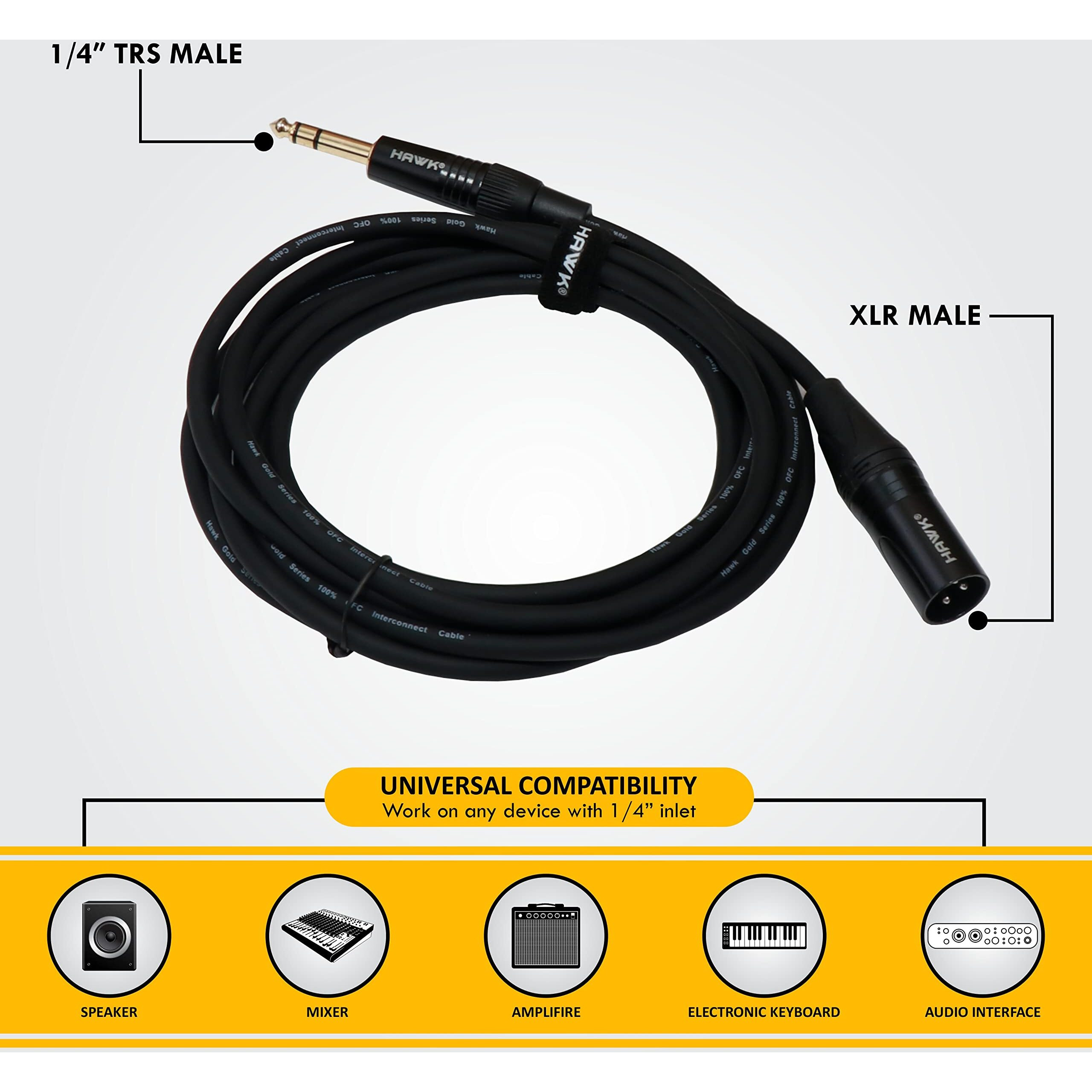 Hawk Proaudio SXSG010 Gold Series 6.35mm TRS Male to XLR Male Balanced Interconnect With Cable Tie for Monitor - 3 Meter (Black)
