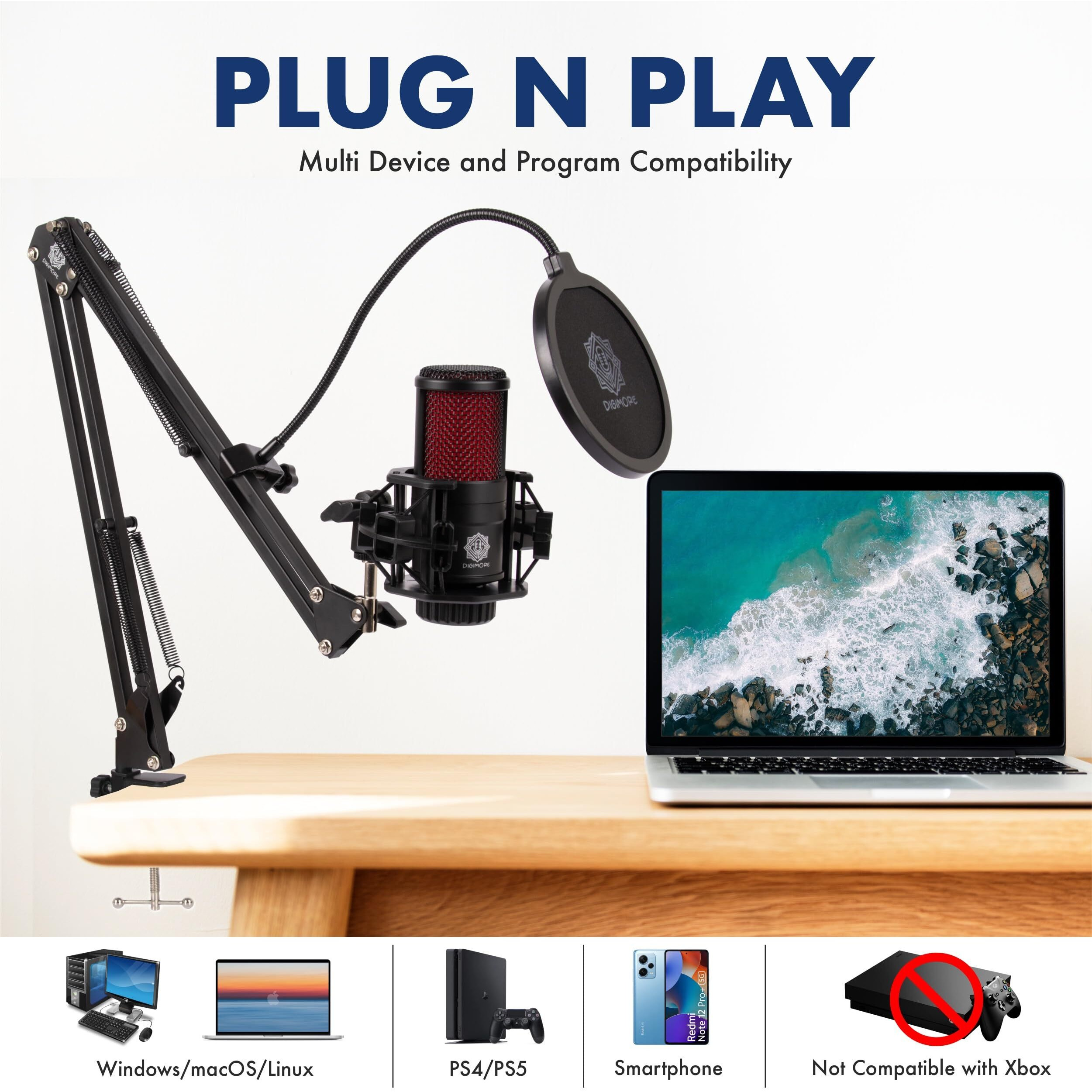 DIGIMORE USB Condenser Microphone Kit for Podcasting, Online Meeting, Recording, Gaming & Live Streaming with Boom Arm, Pop Filter, Mic Cover, Shock Mount, Cable Ties & 2.5m USB Cable (D-500)