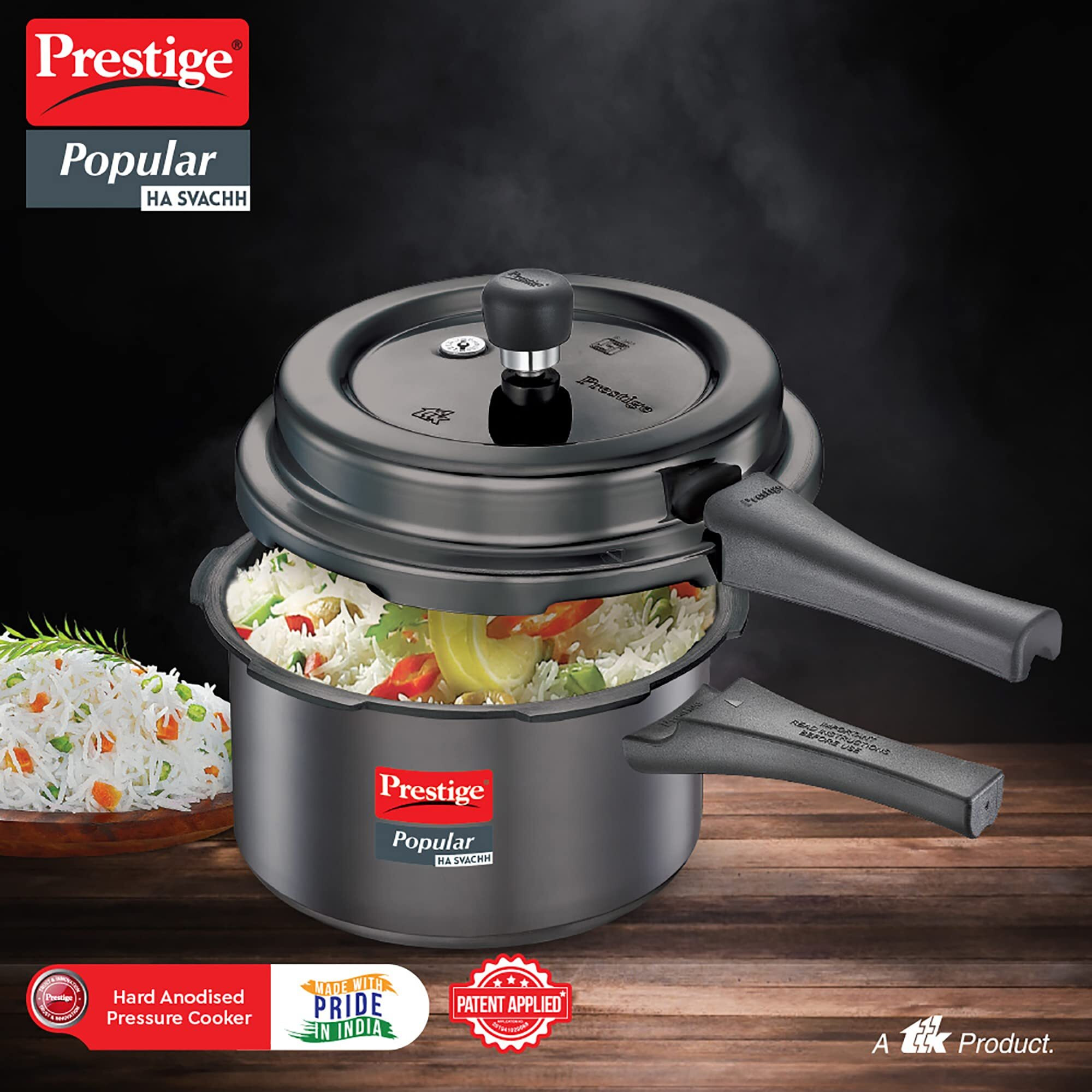 Prestige Popular Svachh Hard Anodised Pressure Cooker(3.0 L, Black, Deep Lid-Controls Spillage)