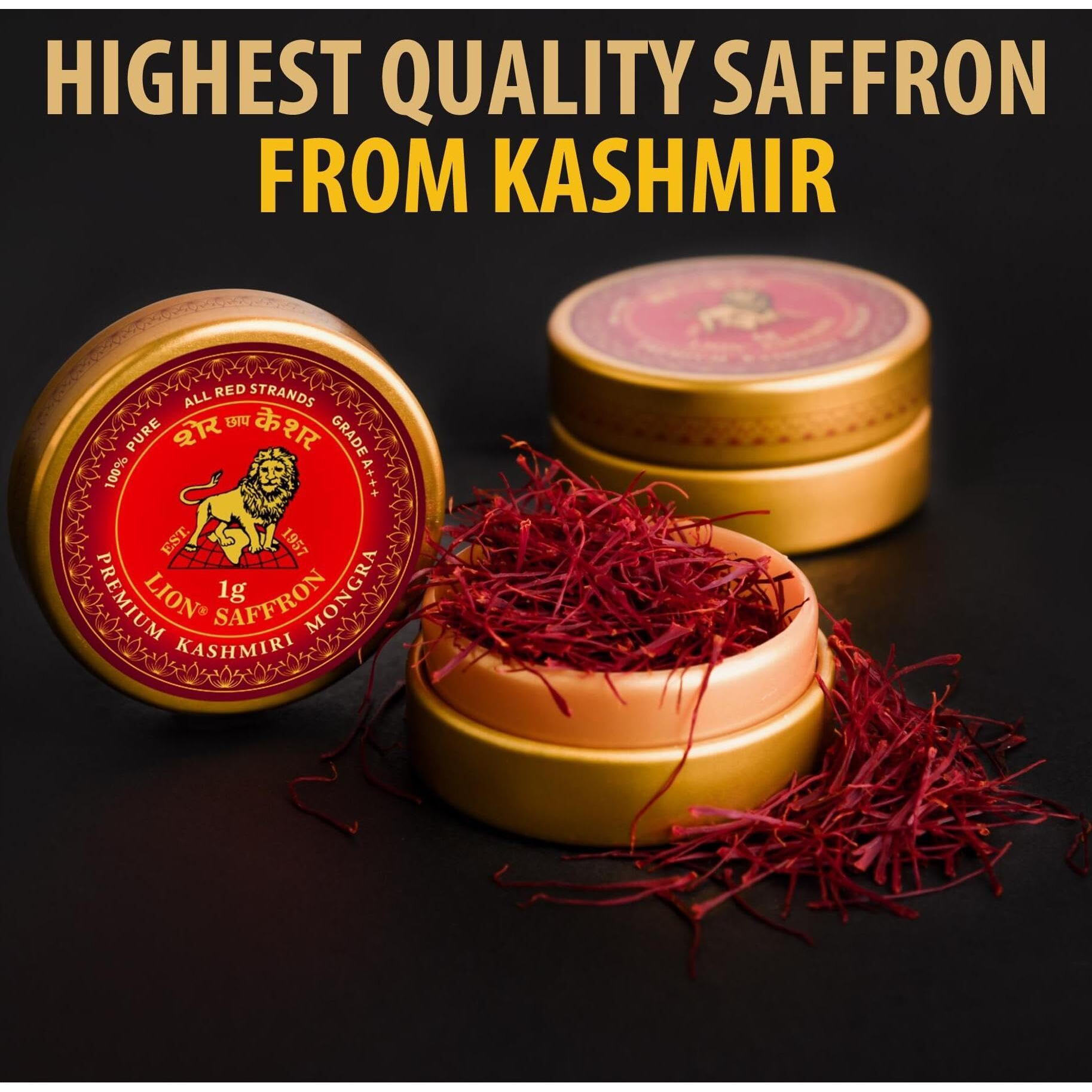 LION BRAND SAFFRON, Premium Kashmiri Mongra Saffron/Kesar (A+++ Grade) For Pregnant Women,Biryani,Beauty,Cooking&Sweets (Pack Of 1 (1Gm)) (Pack of 5 (5X1g5grams))