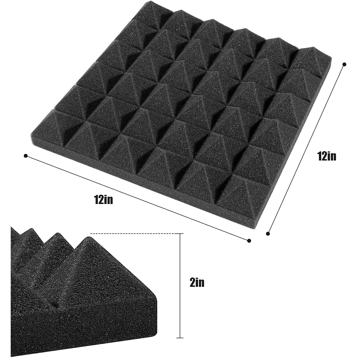 YGM Acoustic Foams Pyramid Acoustic Panels 12" X 12" X 2", 38 Kg/m High Density Premium Grade Studio Noise, Echo Reduction and Absorption, 3D Structure (Charcoal Black) (Set of 9)