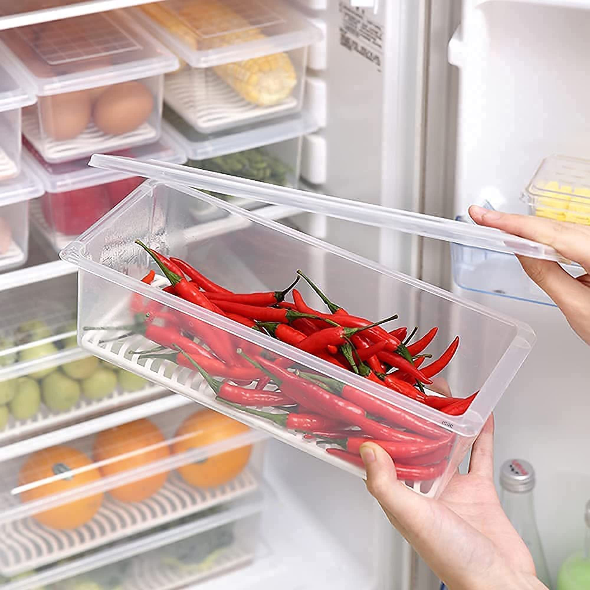 VOLTURI Fridge Storage Boxes (Pack of 6), Fridge Organizer with Removable Drain Plate Fridge Storage Containers Keeps Fruits, Vegetables, Meat, Fish Fresh Longer 1500 ML Container Box