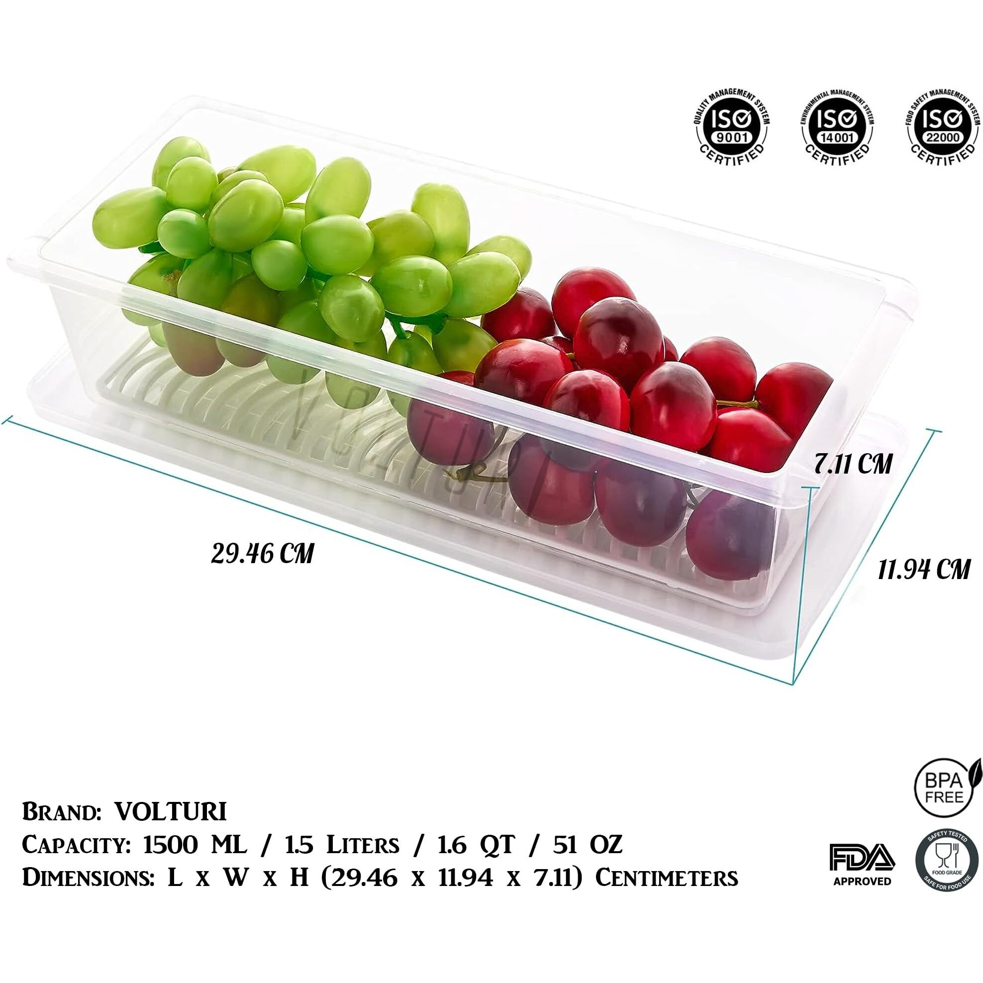 VOLTURI Fridge Storage Boxes (Pack of 6), Fridge Organizer with Removable Drain Plate Fridge Storage Containers Keeps Fruits, Vegetables, Meat, Fish Fresh Longer 1500 ML Container Box