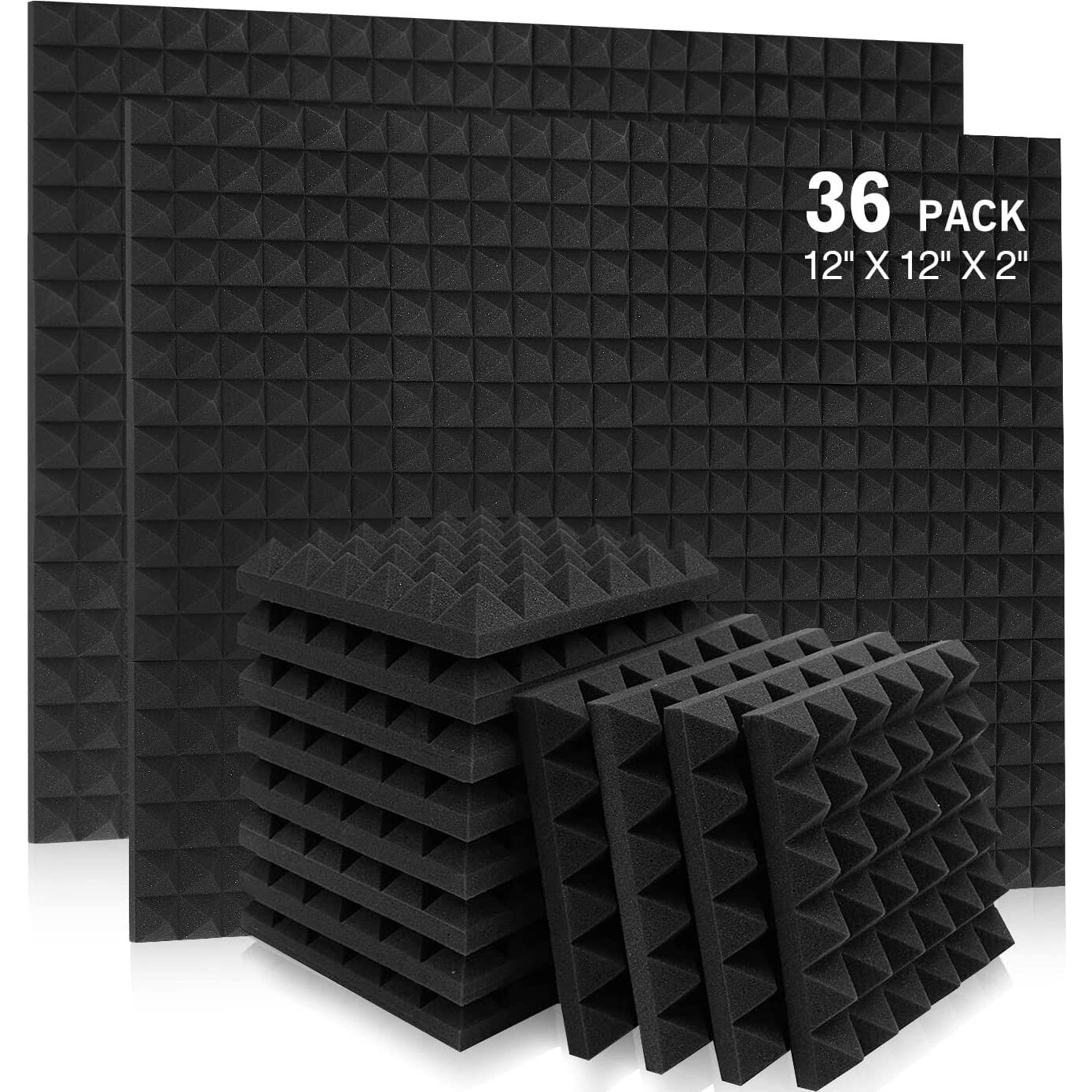 YGM Acoustic Foams Pyramid Acoustic Panels 12" X 12" X 2", 38 Kg/m High Density Premium Grade Studio Noise, Echo Reduction and Absorption, 3D Structure (Charcoal Black) (Set of 36)