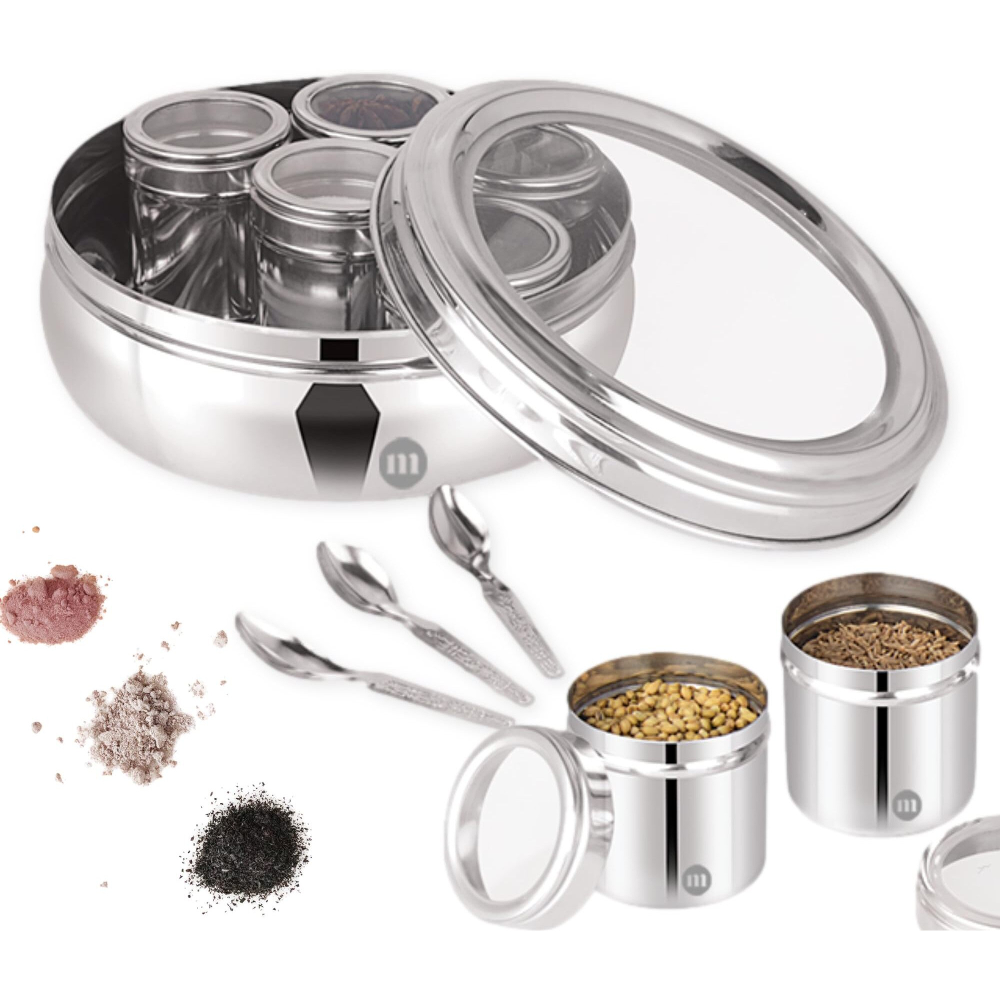MARU 7 IN 1 Stainless Steel Belly Shape Masala Box |Masala Dabba For Kitchen | Spice Box | Masala Dani With See Through Lid 7 Containers And 3 Spoons (Size 11,18.5cm)Silver