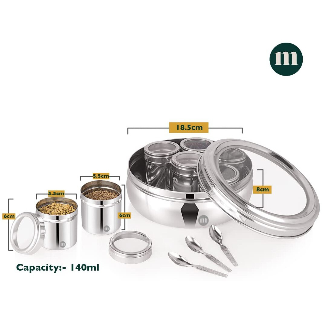 MARU 7 IN 1 Stainless Steel Belly Shape Masala Box |Masala Dabba For Kitchen | Spice Box | Masala Dani With See Through Lid 7 Containers And 3 Spoons (Size 11,18.5cm)Silver