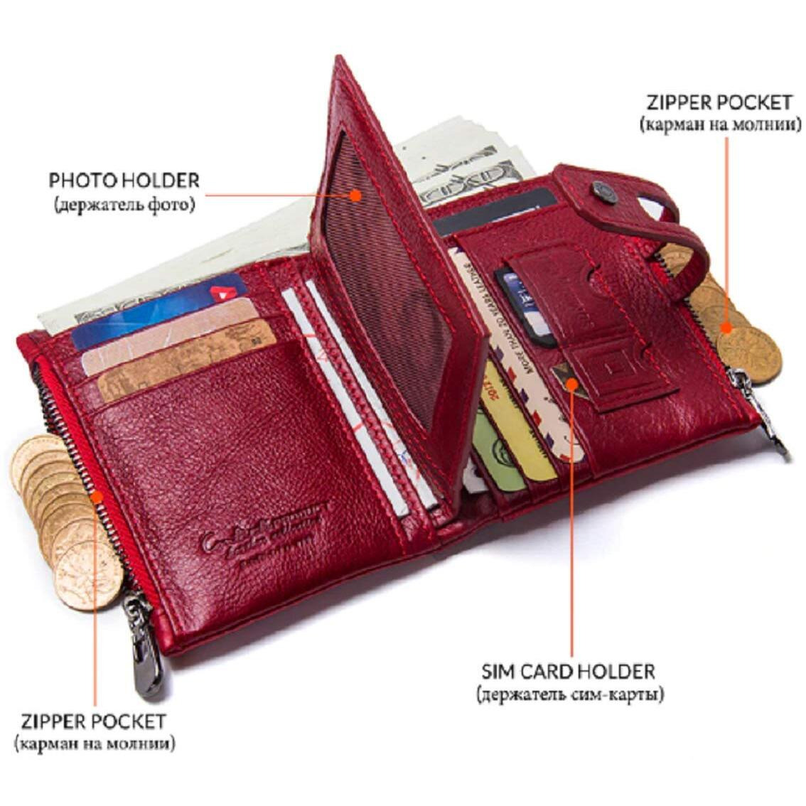 Contacts Men's Genuine Leather Wallet | RFID Blocking Wallet for Men| 14 Card Slots, 1 ID Window | 2 Zipper Compartments, Button Closure (Red)