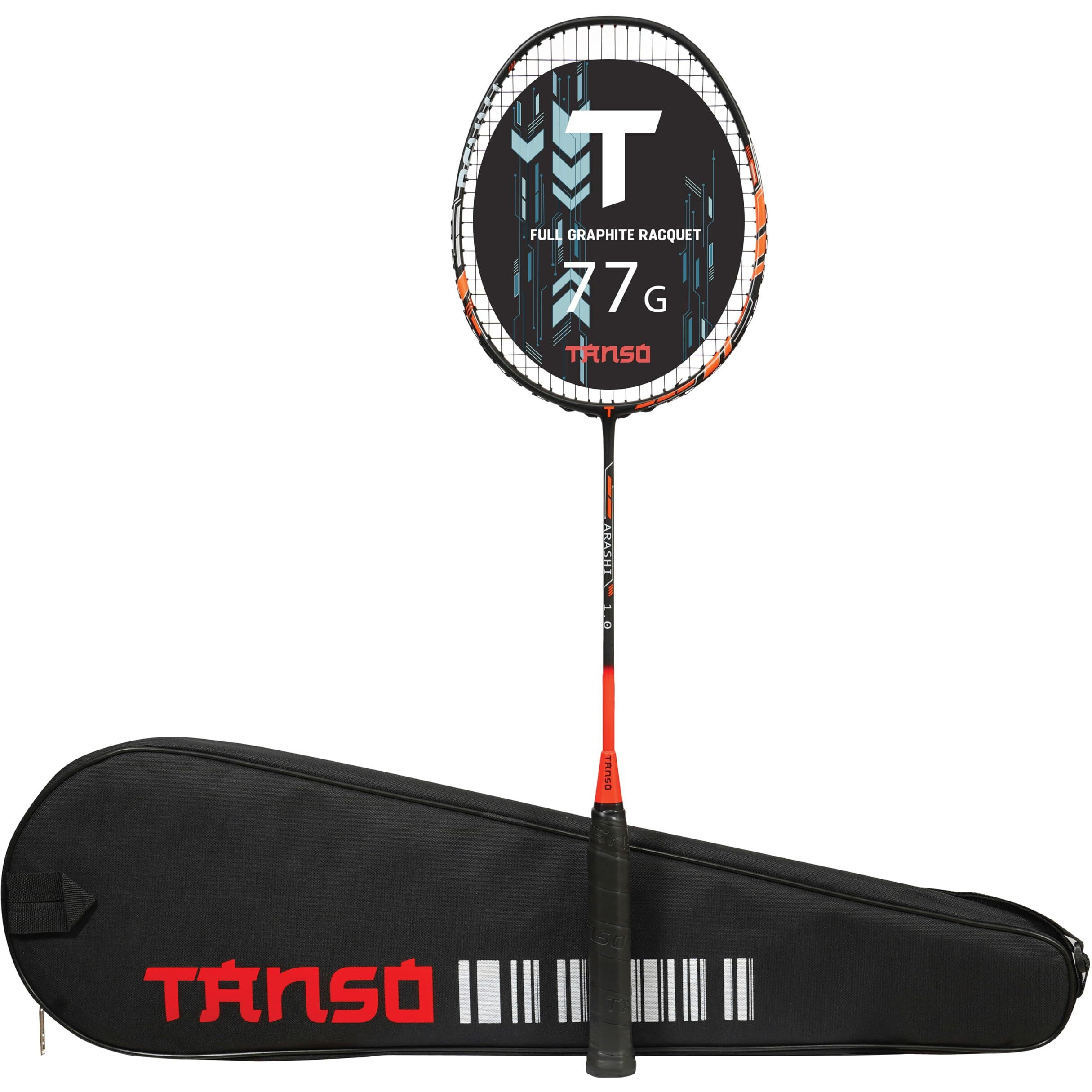 TANSO Arashi 1.0 Full Graphite Ultra Light Weight Carbon Fibre Strung Badminton Racket with Free Full Racquet Cover (77 Grams, 30 Lbs Tension, Strung with T65 Premium Strings) (Orange)