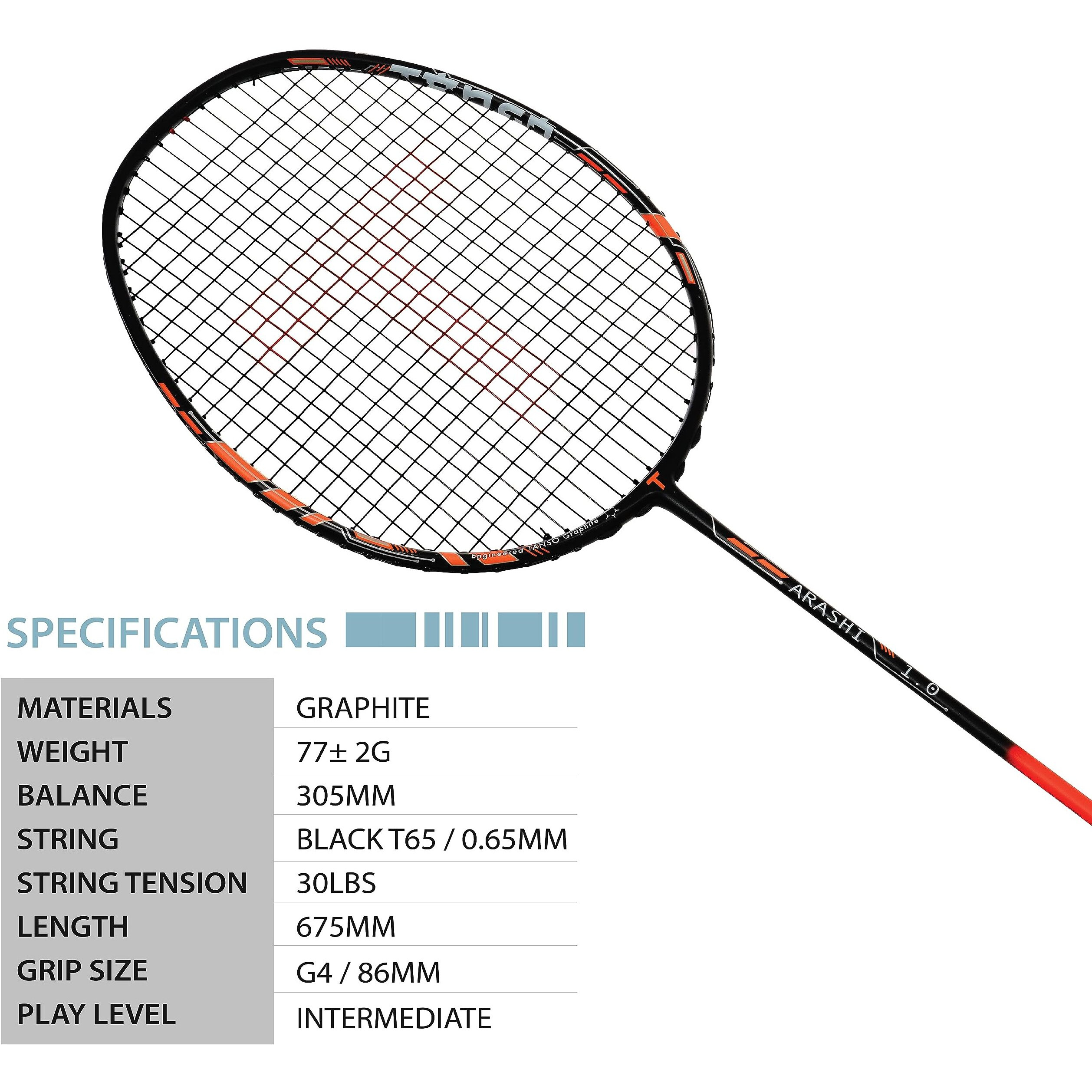 TANSO Arashi 1.0 Full Graphite Ultra Light Weight Carbon Fibre Strung Badminton Racket with Free Full Racquet Cover (77 Grams, 30 Lbs Tension, Strung with T65 Premium Strings) (Orange)