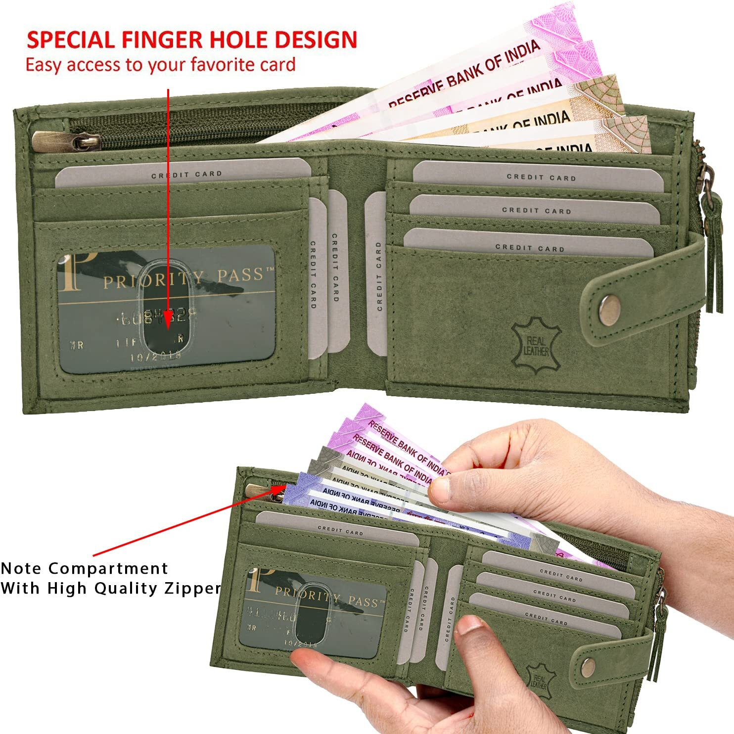 Rigohill Doger Olive Green Leather Wallet For Men, 2 Card Slot | RFID Wallet