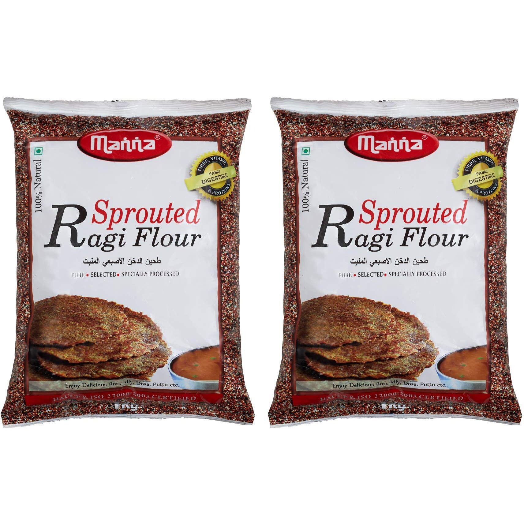 Manna Sprouted Ragi Flour 2kg (1kg x 2 Packs) | 100% Natural Sprouted Finger Millet Flour | Nachni Atta | Kelvaragu Flour | Rich in Calcium & Protein