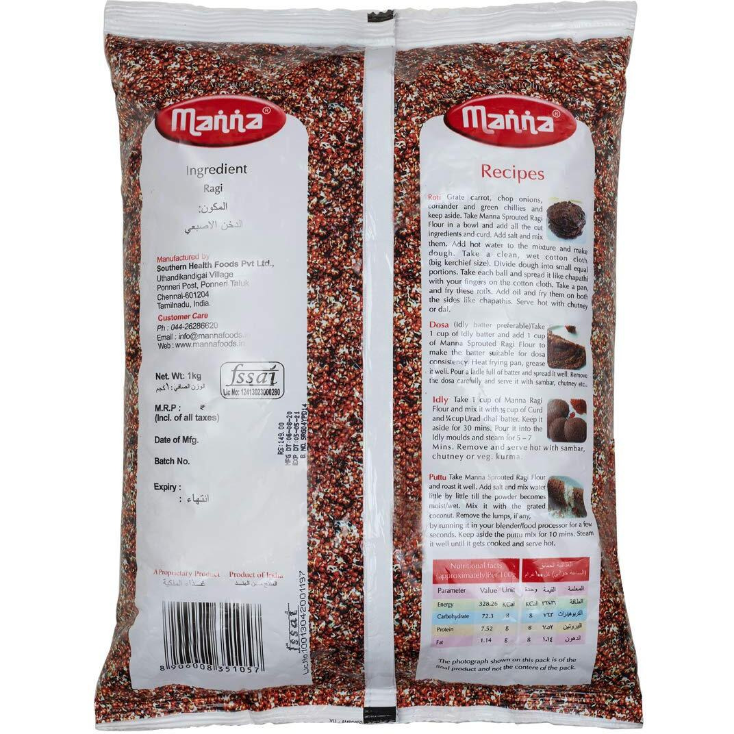 Manna Sprouted Ragi Flour 2kg (1kg x 2 Packs) | 100% Natural Sprouted Finger Millet Flour | Nachni Atta | Kelvaragu Flour | Rich in Calcium & Protein