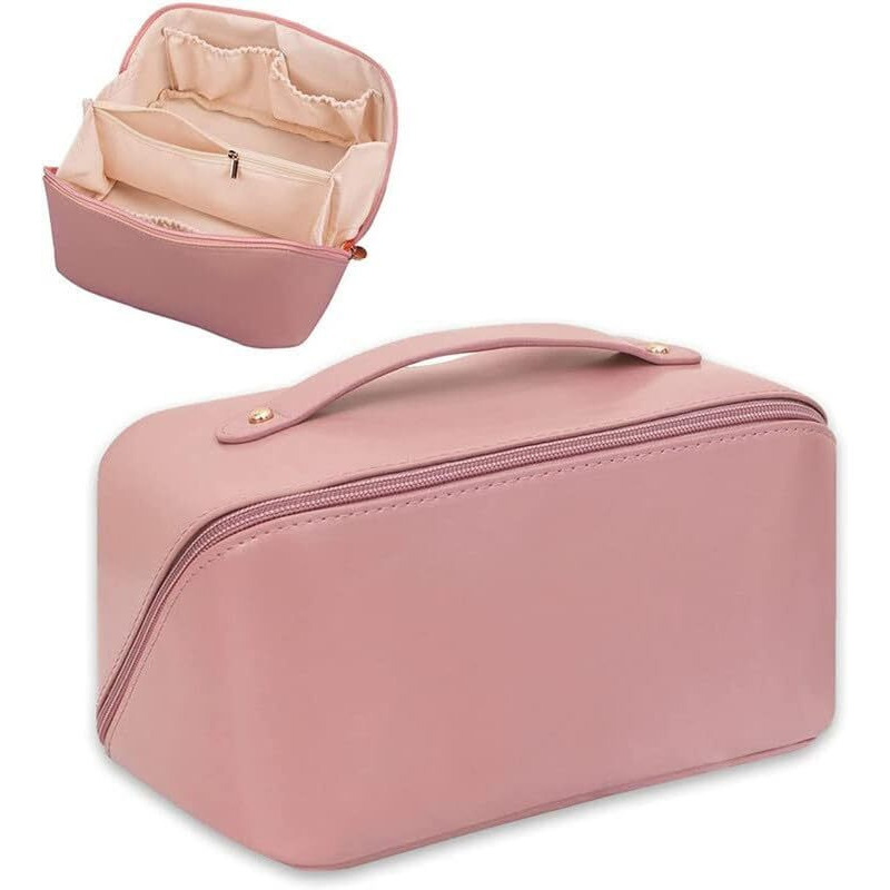 XIVUMN Large Capacity 12 Cms Cosmetic Travel Bag, Women's Makeup Travel Bag Portable Leather Cosmetics Bag, Wide Opening Cosmetic/Makeup Organizer Bags(Pink)