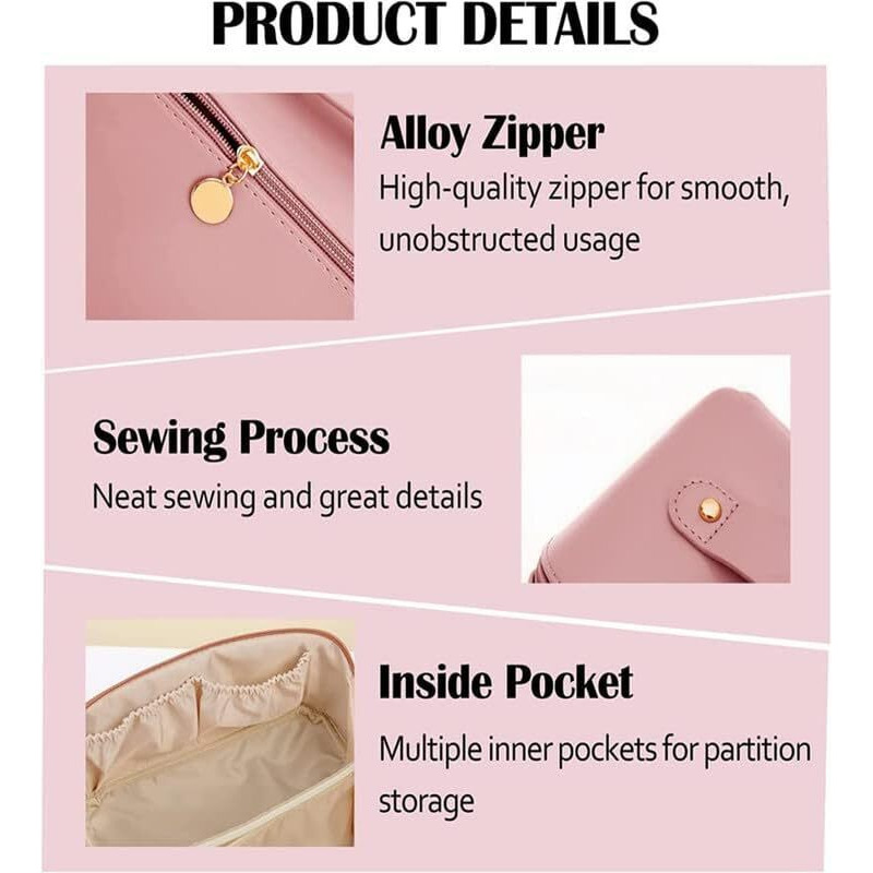 XIVUMN Large Capacity 12 Cms Cosmetic Travel Bag, Women's Makeup Travel Bag Portable Leather Cosmetics Bag, Wide Opening Cosmetic/Makeup Organizer Bags(Pink)