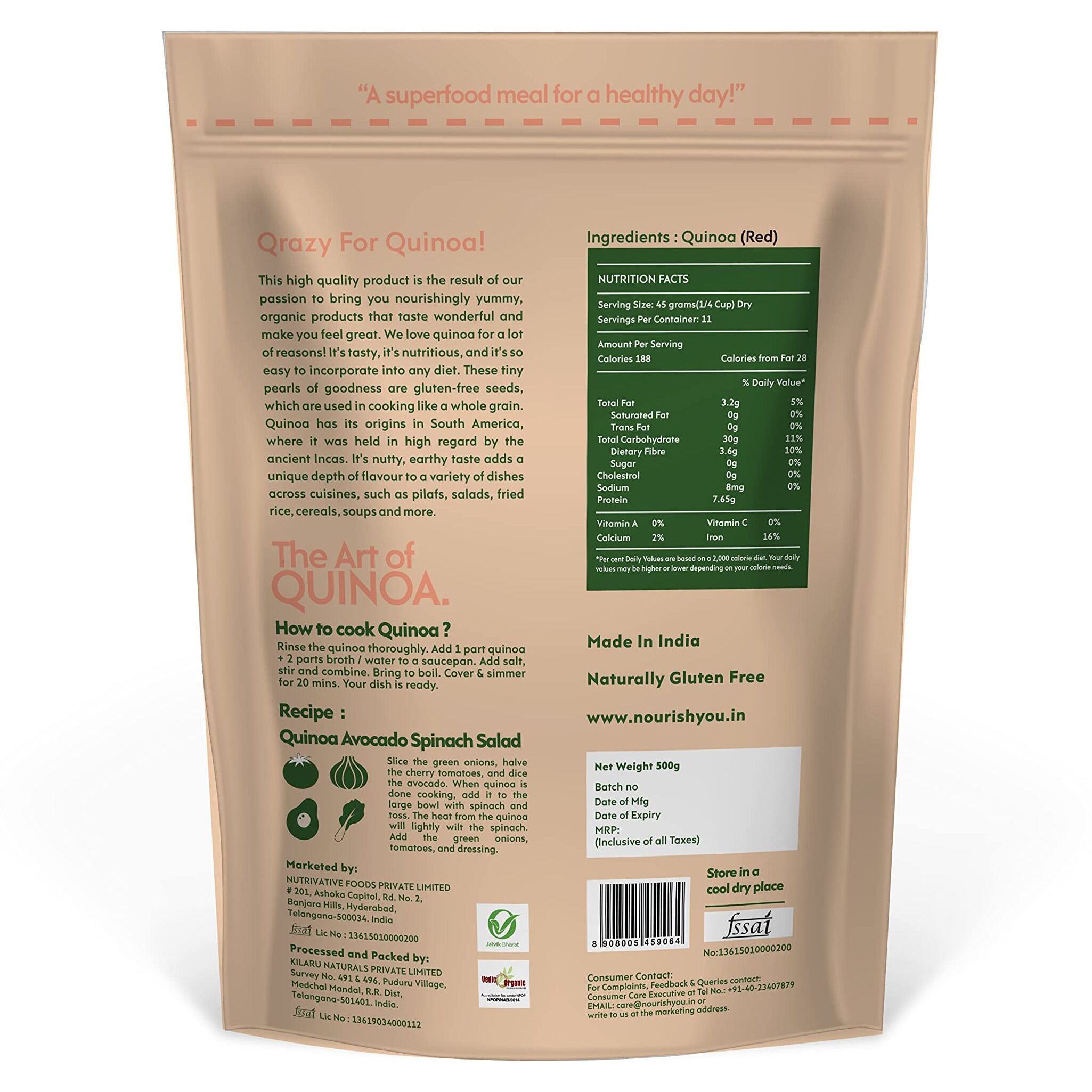 NOURISH YOU Organic Red Quinoa Seeds 500G | USDA Certified Grain | Gluten Free | High Protein | Fibre Rich Healthy Diet Food For Breakfast Cereal, Pilafs, Soups & Salads (Pack of 1)