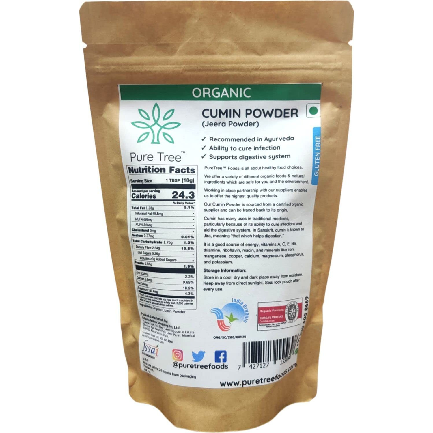 Pure Tree Certified Organic Jeera Powder | 250 g | Jeelakarra | Zeera Powder | Cumin Powder | Organic Spices | Boost Immunity | Adds Flavor to Curries & Veg
