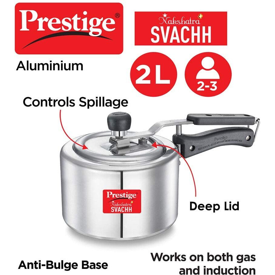 Prestige Svachh, 10732, 2 L, Straight Wall Aluminium Inner Lid Pressure Cooker, with deep lid for Spillage Control, Silver