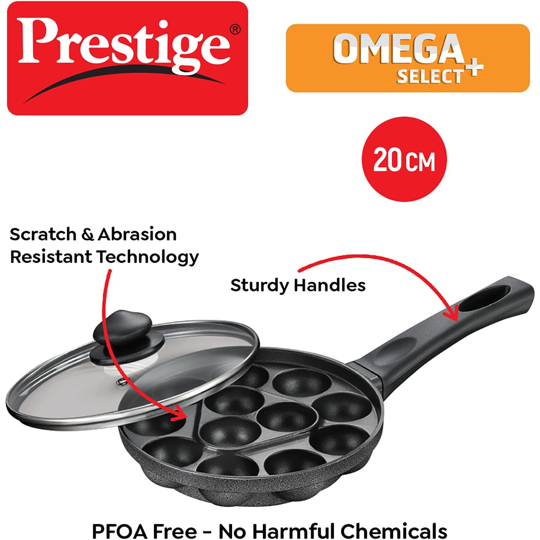 Prestige Omega Select Plus 14 Pits Paniyarakkal with Lid 20 cm (Aluminium, Non-Stick, Black)