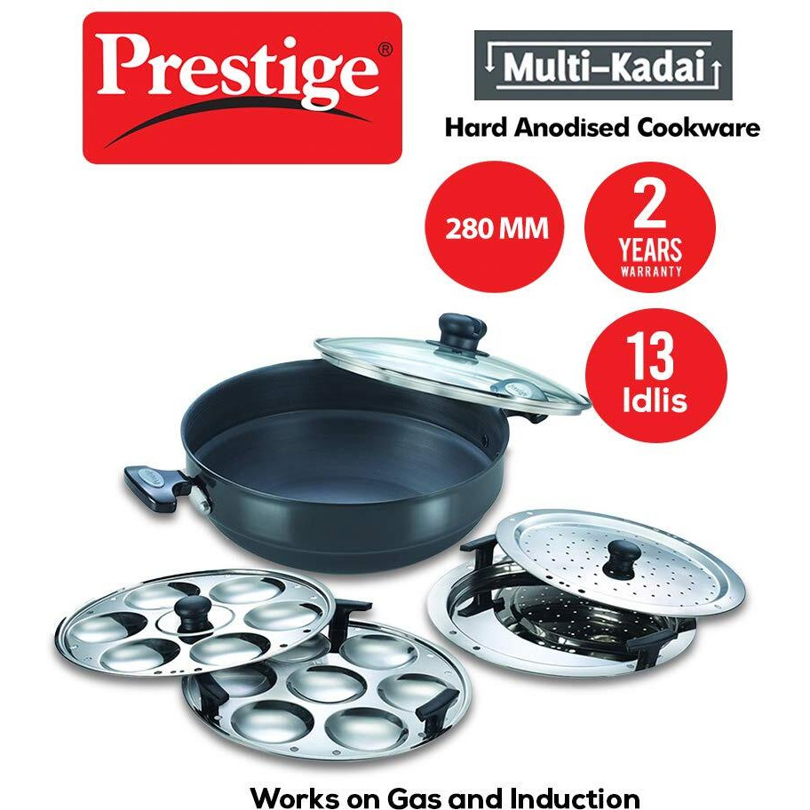 Prestige Hard Anodised Multi Kadhai | 28 cm | Black | Induction Base | Multi-Purpose Accesories - Idli Stand, Dhokla Stand and Steamer | Round Bottom | Durable Handles
