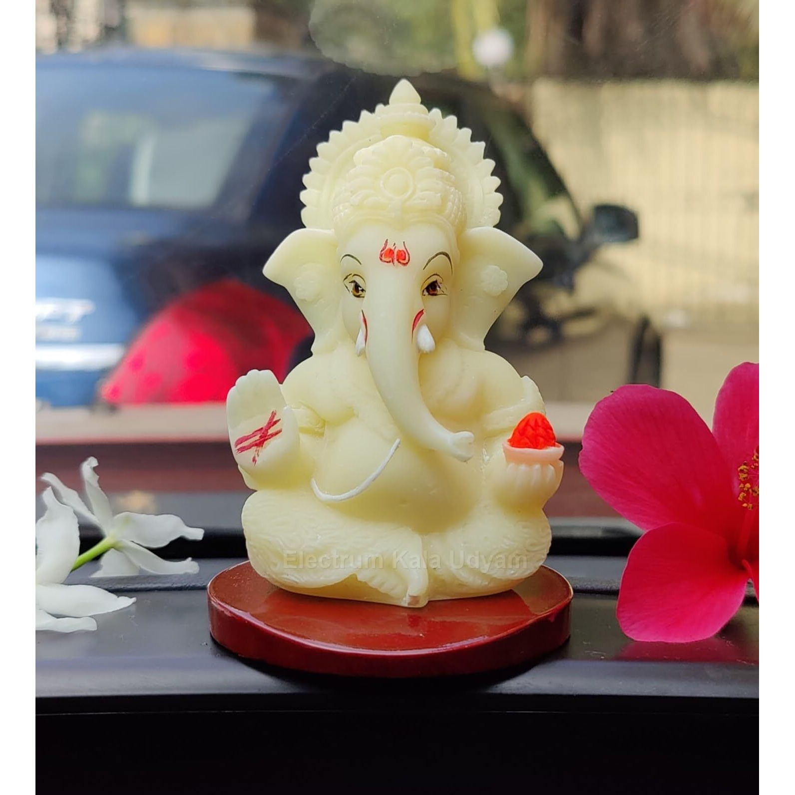 Electrum Kala udyam Experience The Divine Aura of Ganesha Idol on MDF Base for Car Dashboard, Office Desk, and Festive Gifting (MukutIvoryMDF)