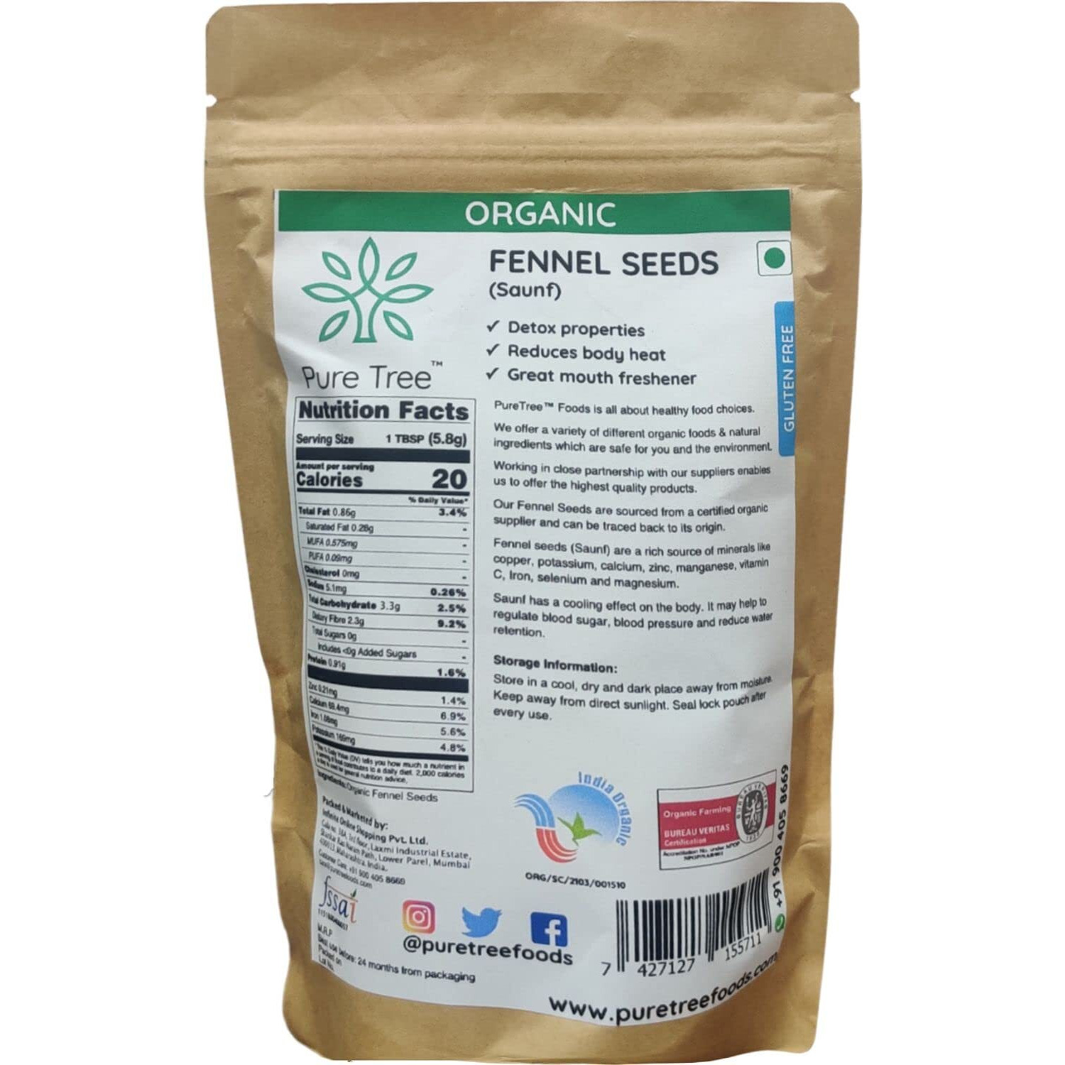 Pure Tree Certified Organic Fennel Seeds | 250 g | Saunf, Variyali | Perumjeerakam Whole Spices Sombu Whole | Fennel seeds Saunf | Organic Saunf Rich Flavour Sombu