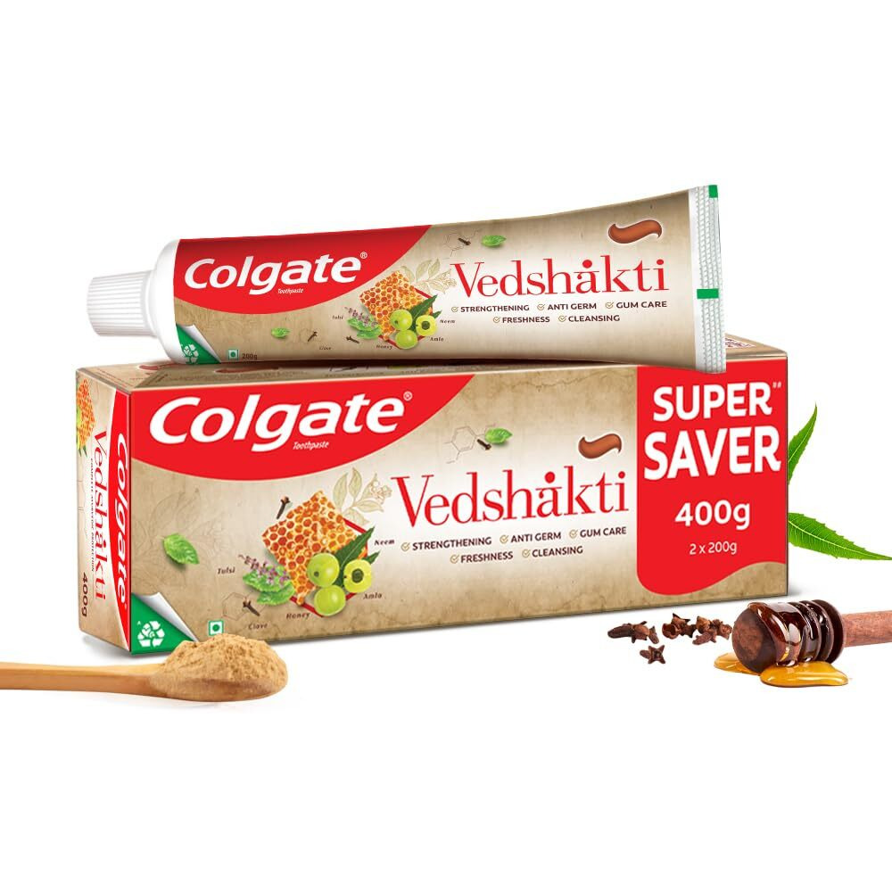 Colgate Vedshakti Toothpaste, Anti-Bacterial Paste For Whole Mouth Health, With Neem, Clove, And Honey, 400G, 200G X 2 (Saver Pack), Freshening
