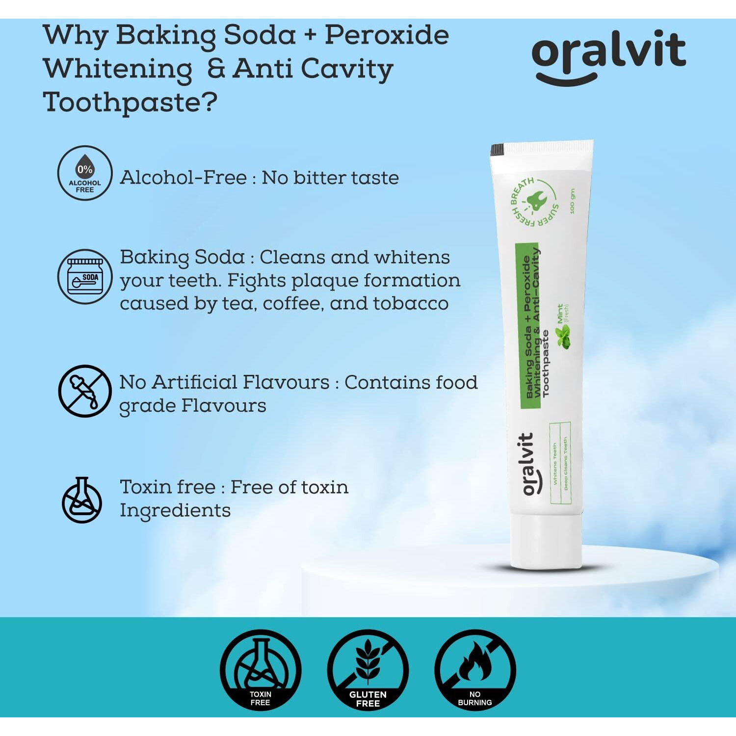 Oralvit Baking Soda and Peroxide Toothpaste for Whitening & Anti-Cavity | Toothpaste with Fresh Mint | Deep Cleanse |Super Fresh Breath | Extreme Whitening- 100gm Mint Flavour