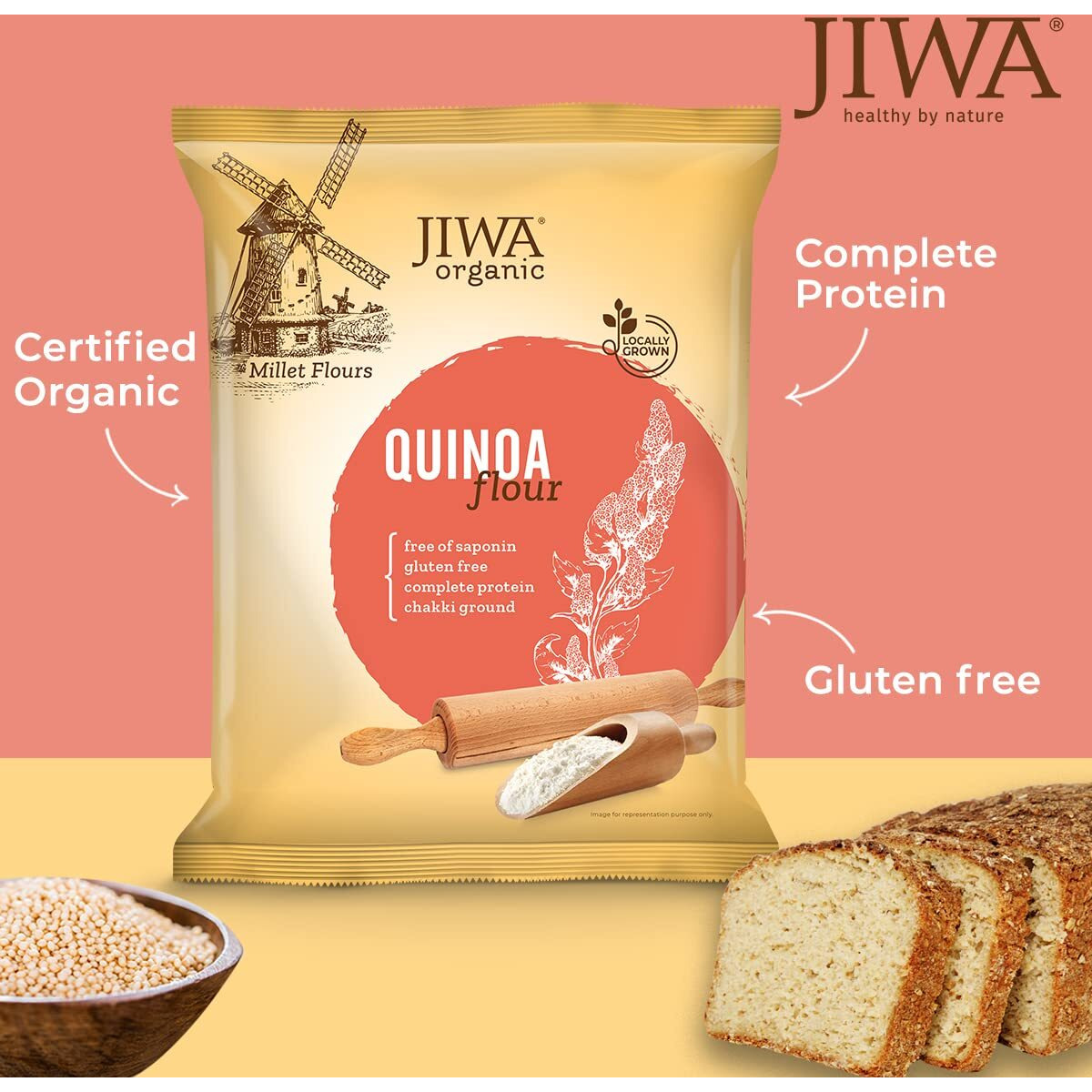JIWA healthy by nature Organic Quinoa Flour | Soft Fluffy Rotis | Protein Rich Chakki Ground Atta | Indian Origin | Certified Organic & Gluten Free | 100% Natural | 900 g