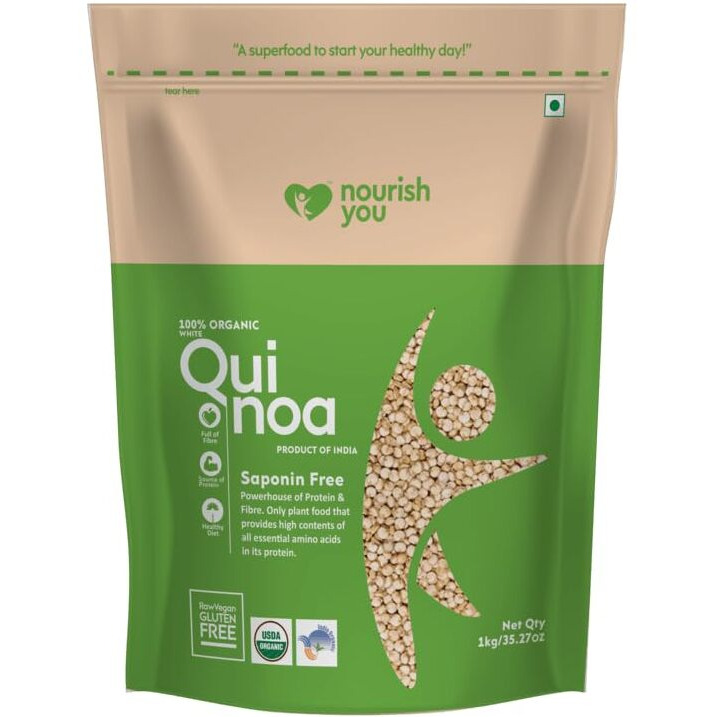 NOURISH YOU Organic Indian White Quinoa Seeds 1Kg | USDA Certified Grain | Gluten Free | High Protein | Fibre Rich Healthy Diet Food For Cereal, Pilafs, Soups & Salads | Pack of 1 | 1 kg