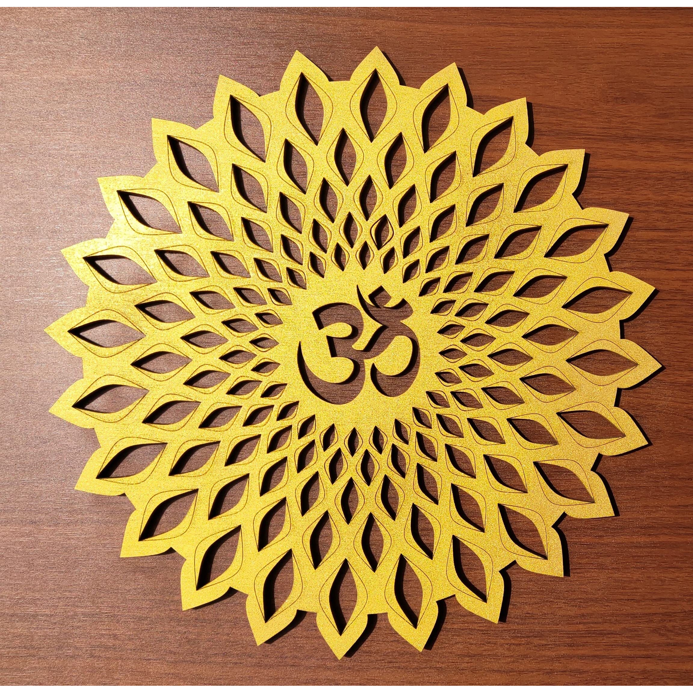 My Dream Carts Golden Om Round Decorative Wall Art Mdf Wooden Om Chakra For Temple, Living Room, Bedroom, Office, Hotel, Home Decor Items, Gift Item, Mandala Wall Hanging For House Decoration 45x45cm