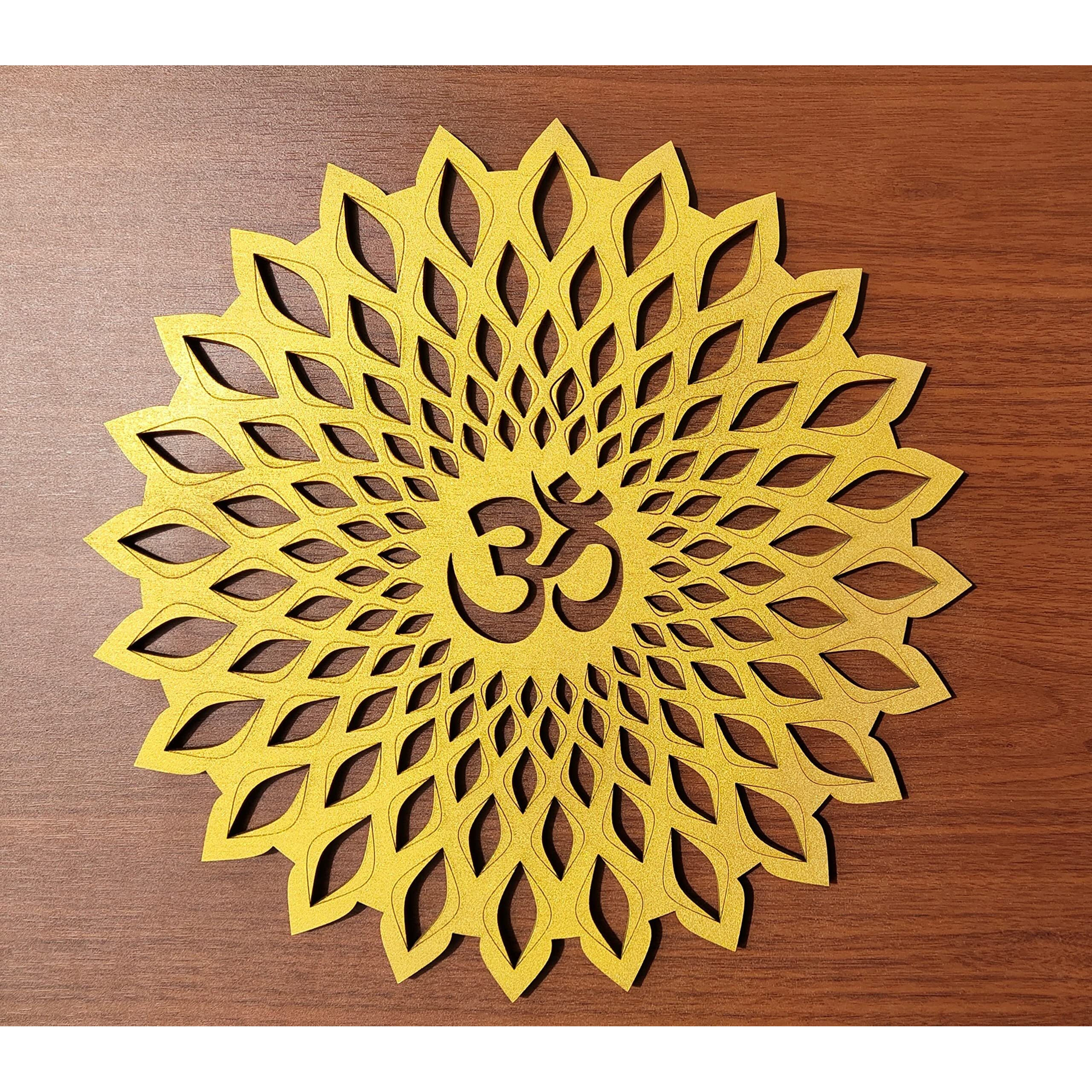 My Dream Carts Golden Om Round Decorative Wall Art Mdf Wooden Om Chakra For Temple, Living Room, Bedroom, Office, Hotel, Home Decor Items, Gift Item, Mandala Wall Hanging For House Decoration 45x45cm