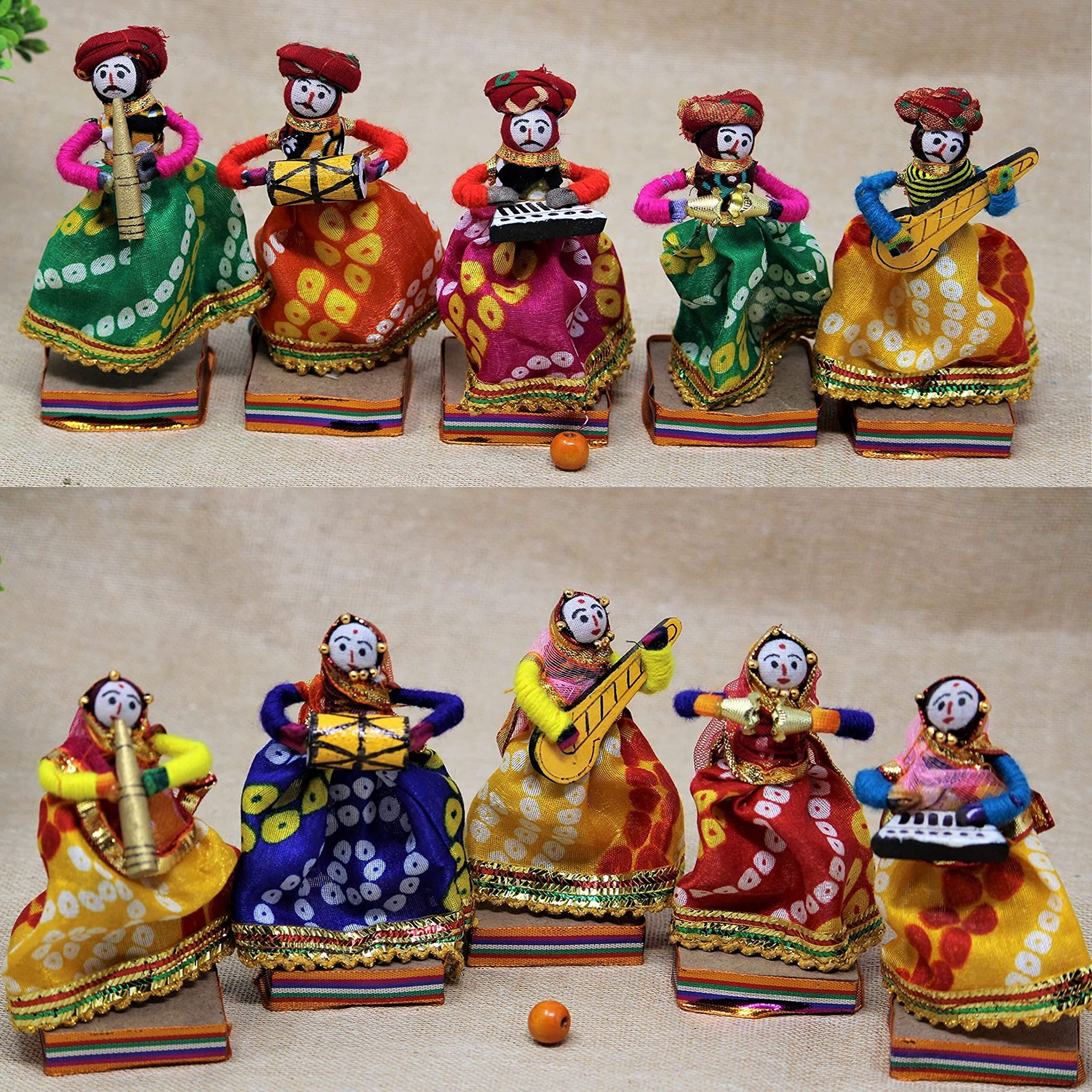 JH Gallery Recycled Material Rajasthani Musician Bawla Puppets Idol 11 x 56 cm Multicolor, 10 Pieces (Male & Female, 4 Inches Height)