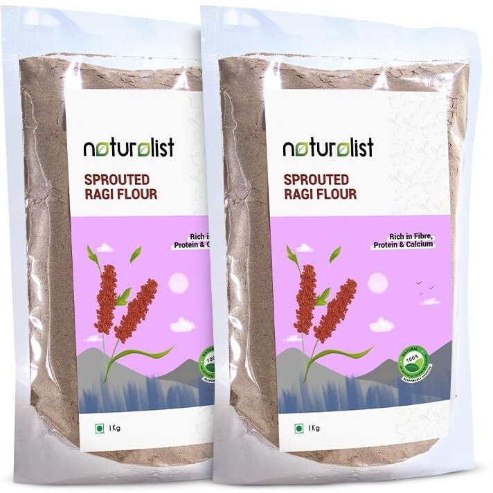Naturalist 1 Kg Sprouted Ragi Flour (Madua/Nachni aata) | 100% Natural | Fibre, Protein and Iron Rich Healthy Meal for adults | Nutrient-rich Baby food | Finger Millet Flour- Pack of 2 (1 Kg*2)