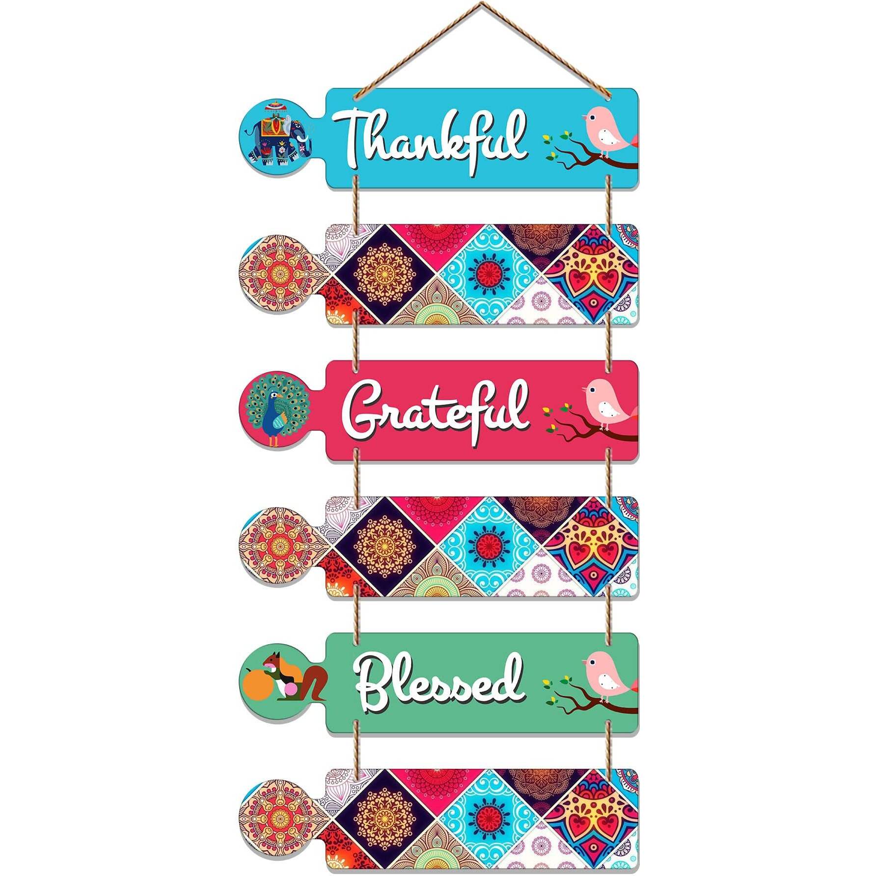 Artvibes Thankful Quotes Decorative Wall Art Mdf Wooden Wall Hanger For Living Room|Quotes Decor Items|Wood (Wh_6003N),Set Of 6