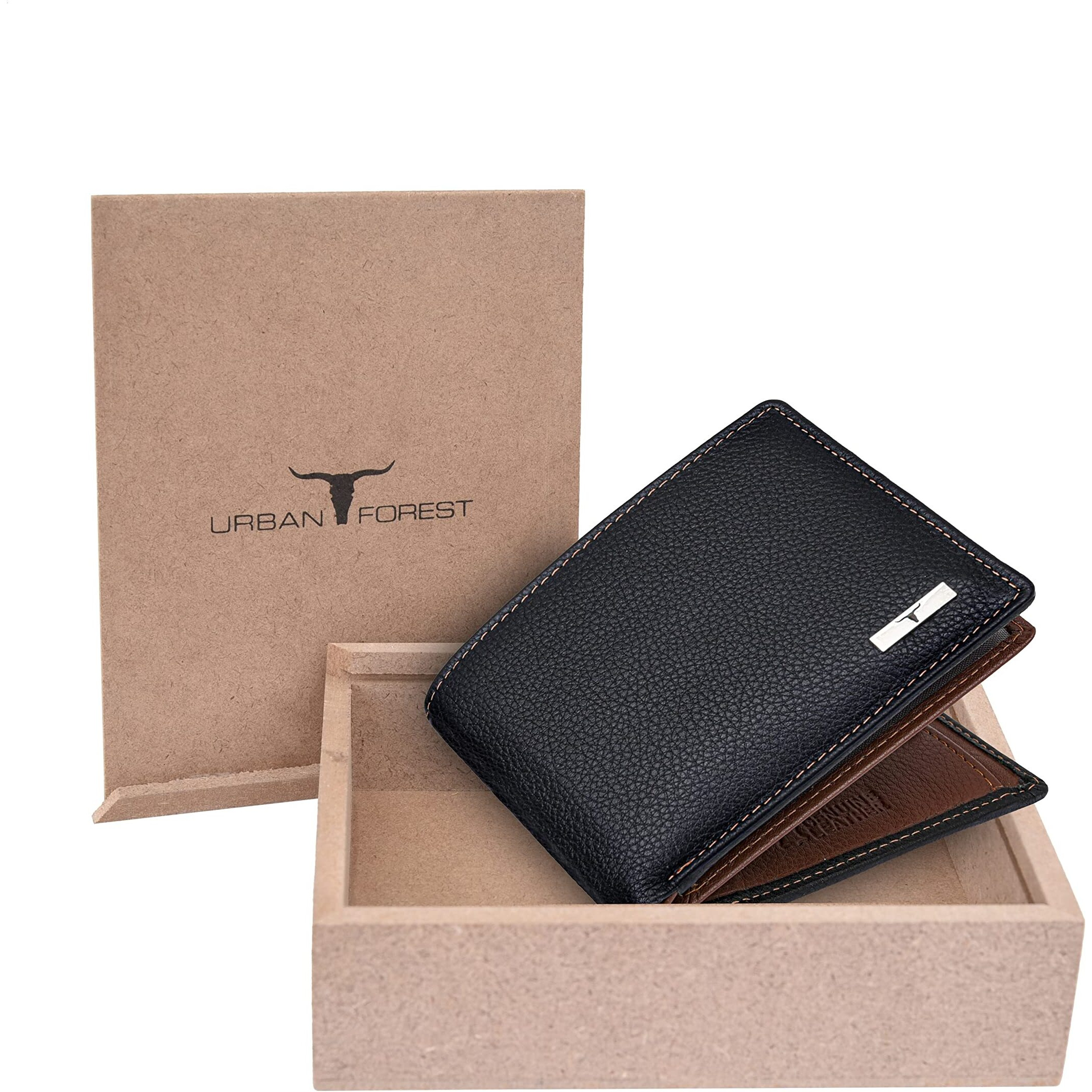URBAN FOREST Men's Kyle Black/Redwood Leather Wallet - Packed in Premium Wooden Box