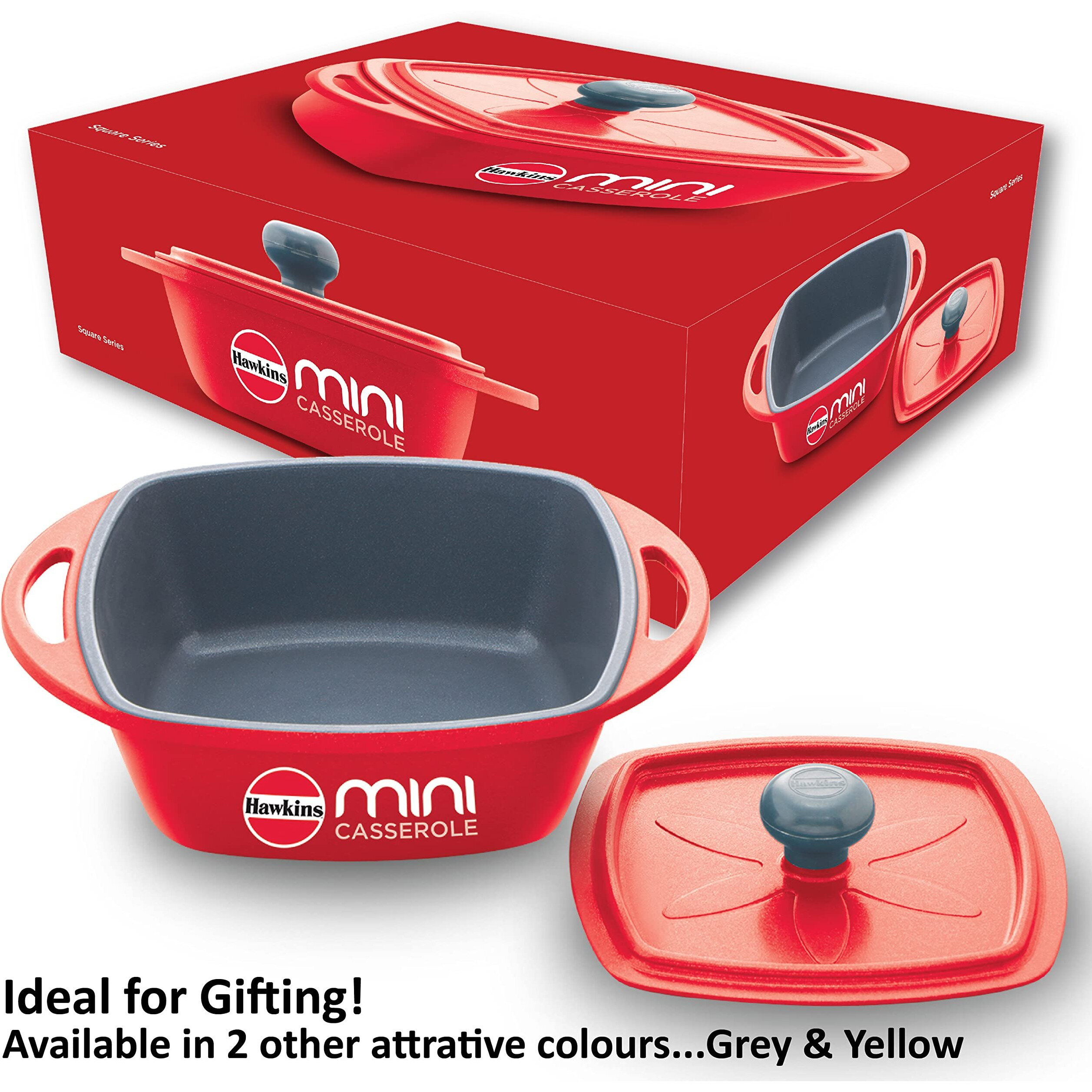 Hawkins Aluminium 0.75 liter Mini Casserole With Lid, Square Series Die-Cast Pan For Cooking, Reheating, Serving And Storing, Red (Mcsr75)