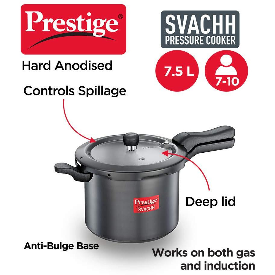 Prestige Svachh Hard Anodised Aluminium Outer Lid Pressure Cooker, 7.5 Litre, Black, 7.5 Liter