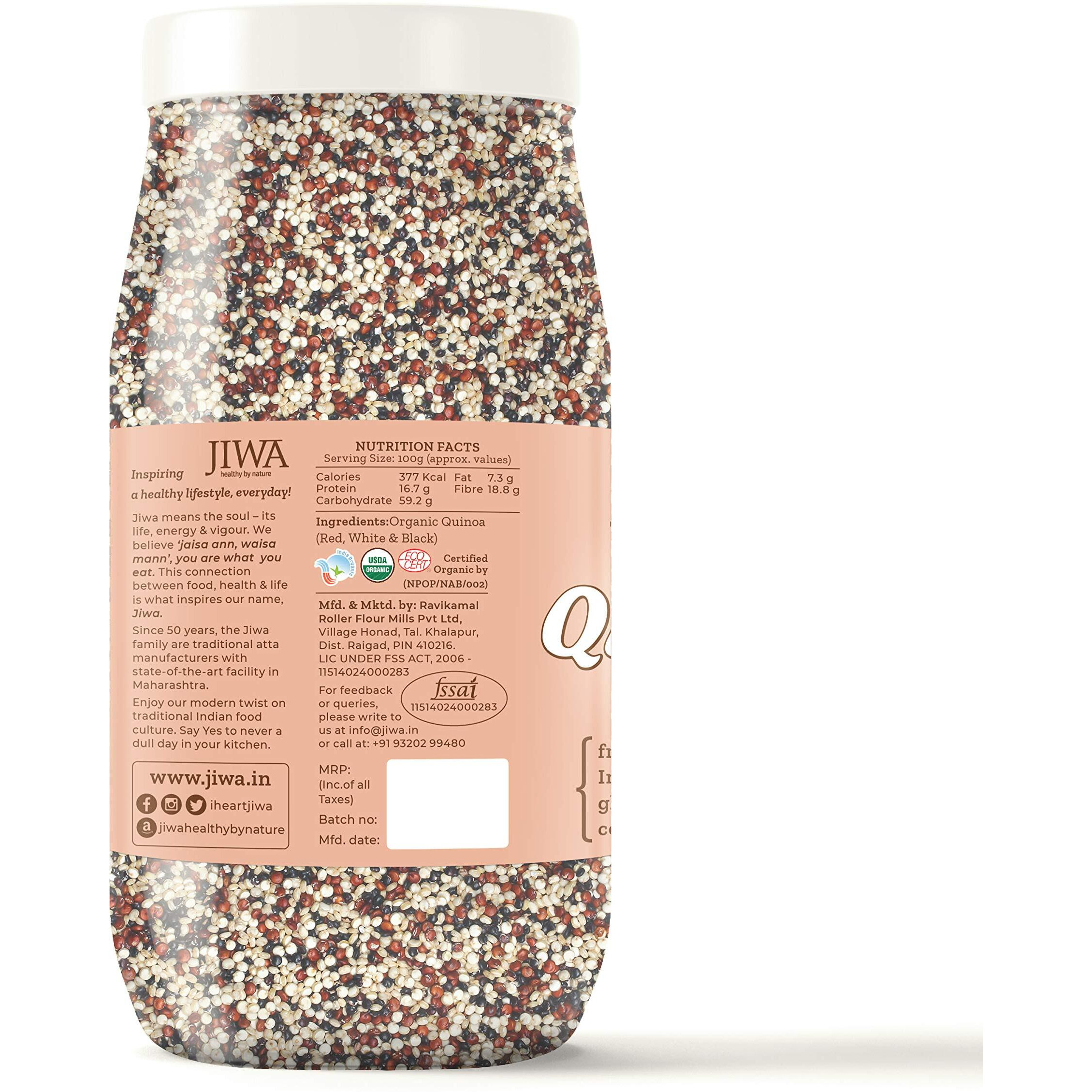 JIWA healthy by nature Organic Tricolour Quinoa | White, Red and Black Quinoa | Rich in Protein and Fiber| Cooks to Rice | Indian Origin | Certified Organic & Gluten Free| Superfood | 1 kg